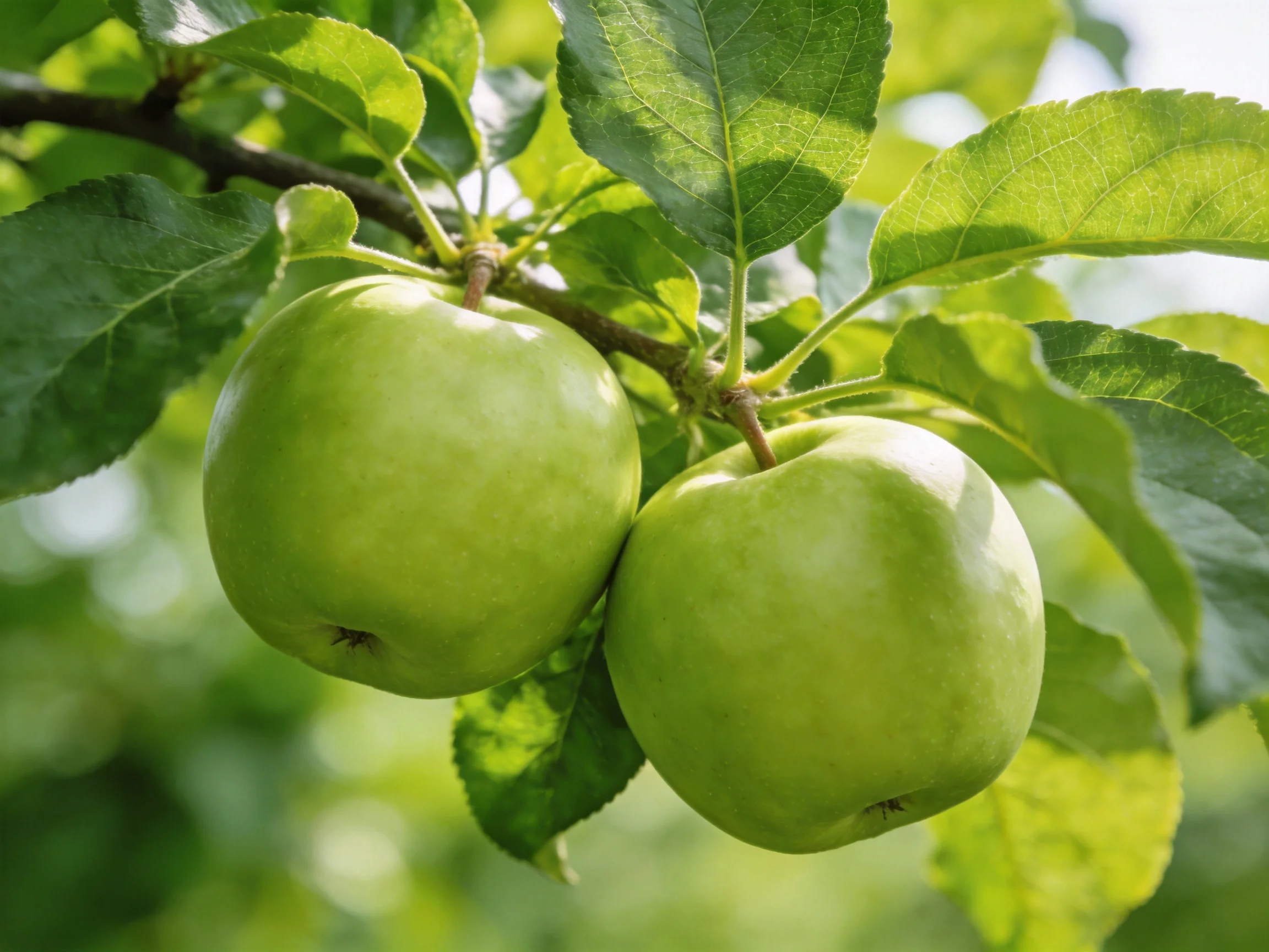 Two bright green apples hang from a tree branch amid lush green leaves