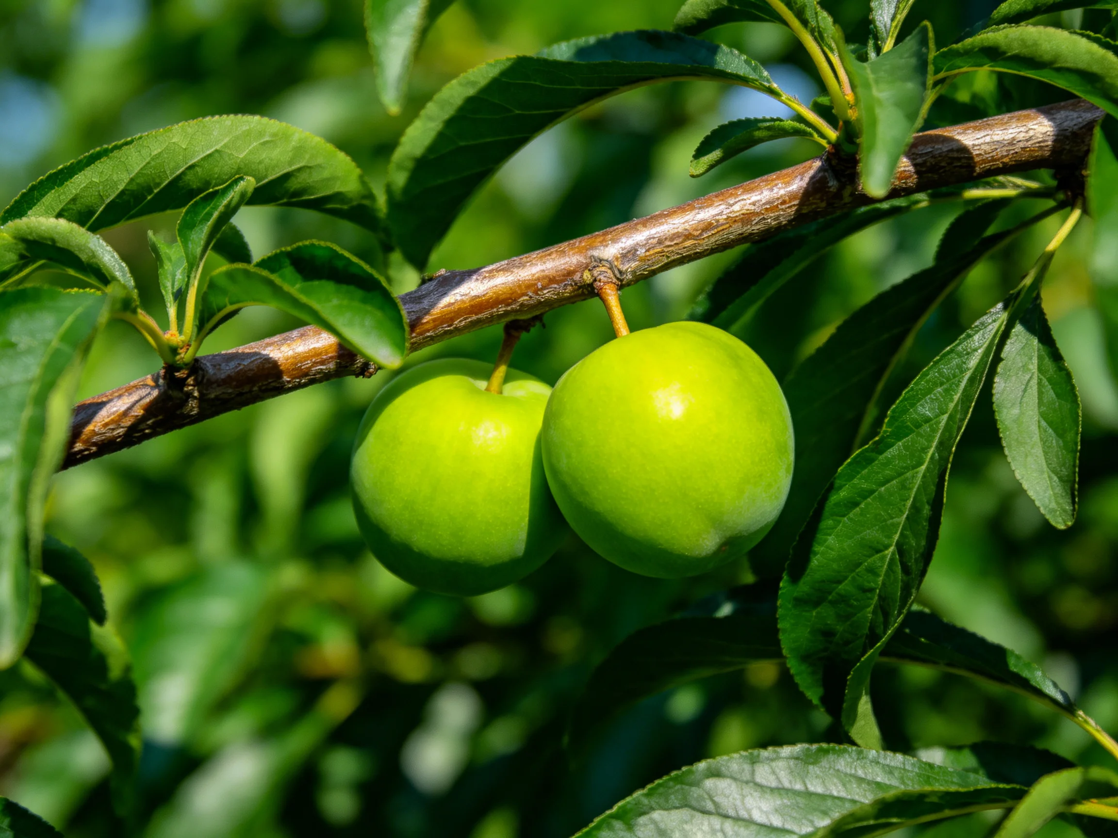 Two bright green fruits hang from a brown tree branch with lush green leaves