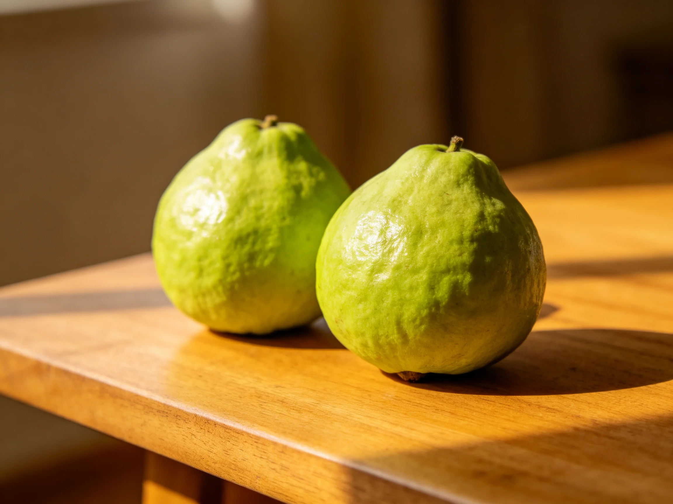 Two bright green guavas rest on a polished wooden table