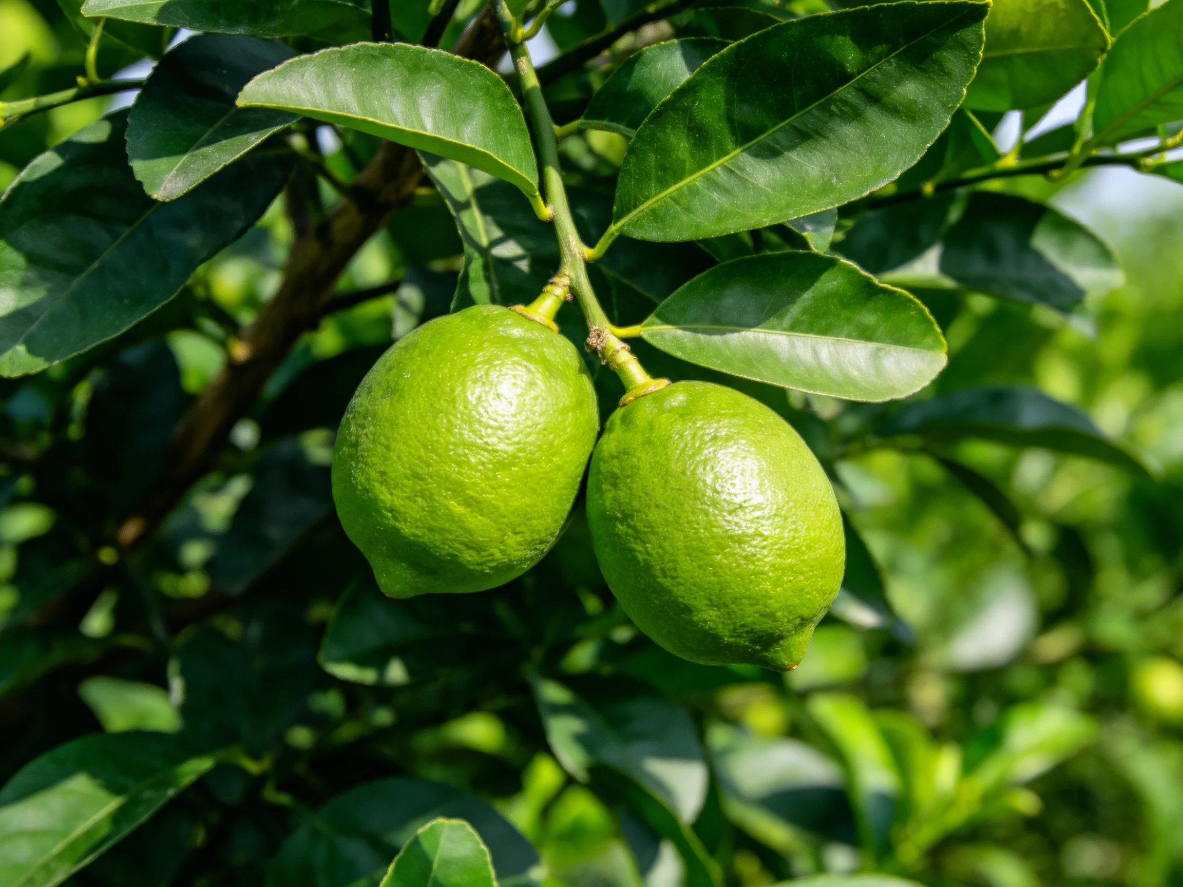Two bright green lemons hang from a leafy citrus tree branch