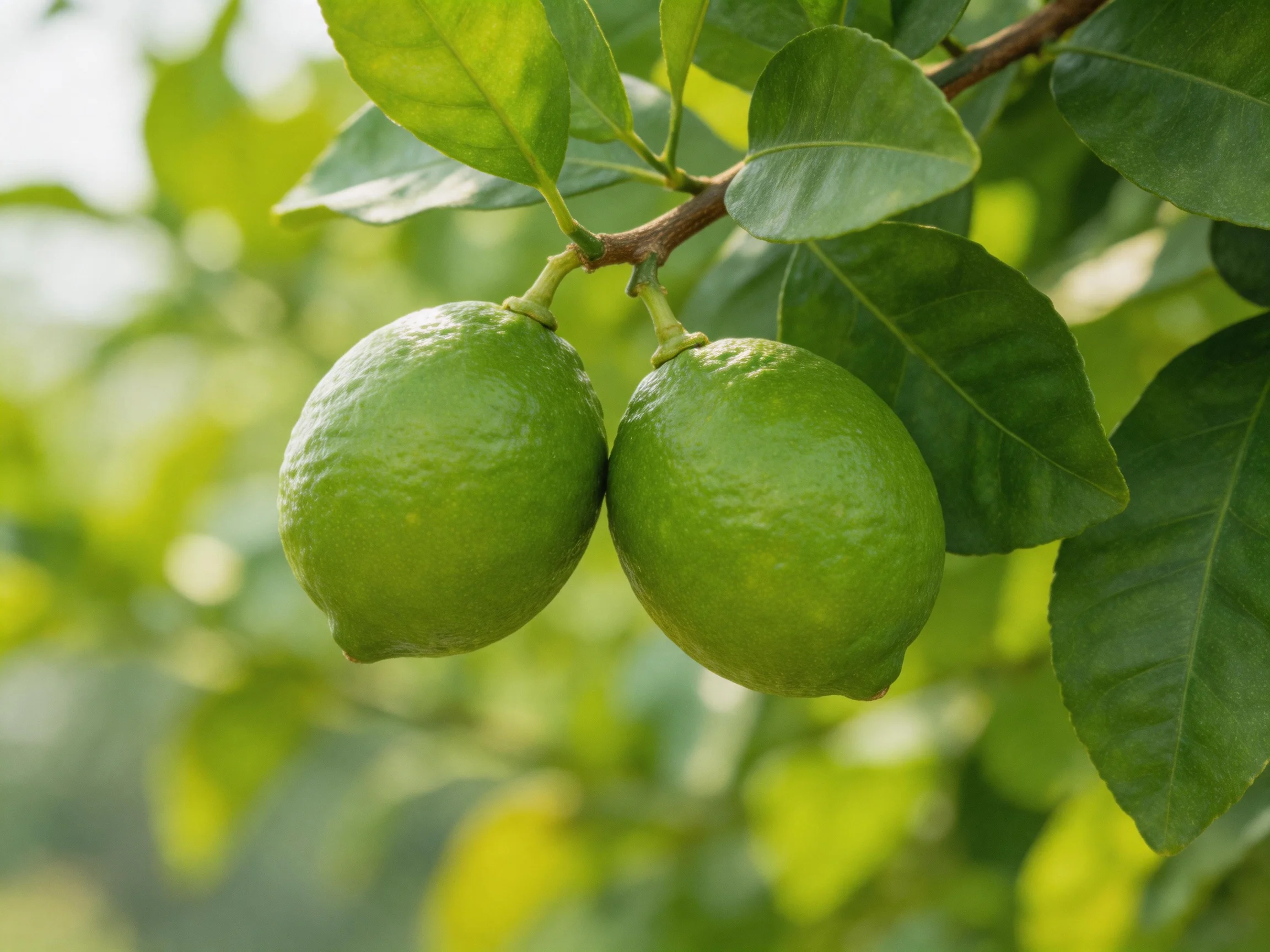 Two bright green limes hang from a citrus tree branch