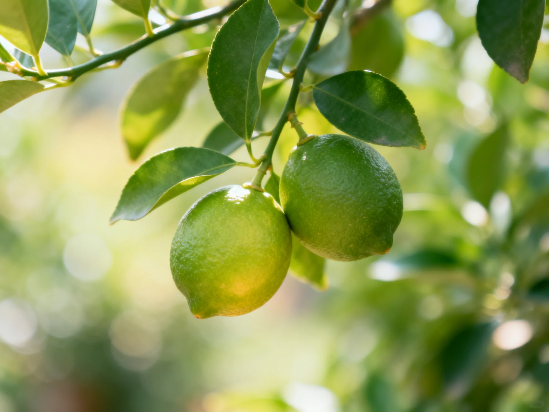 Two bright green limes hang from a leafy citrus branch