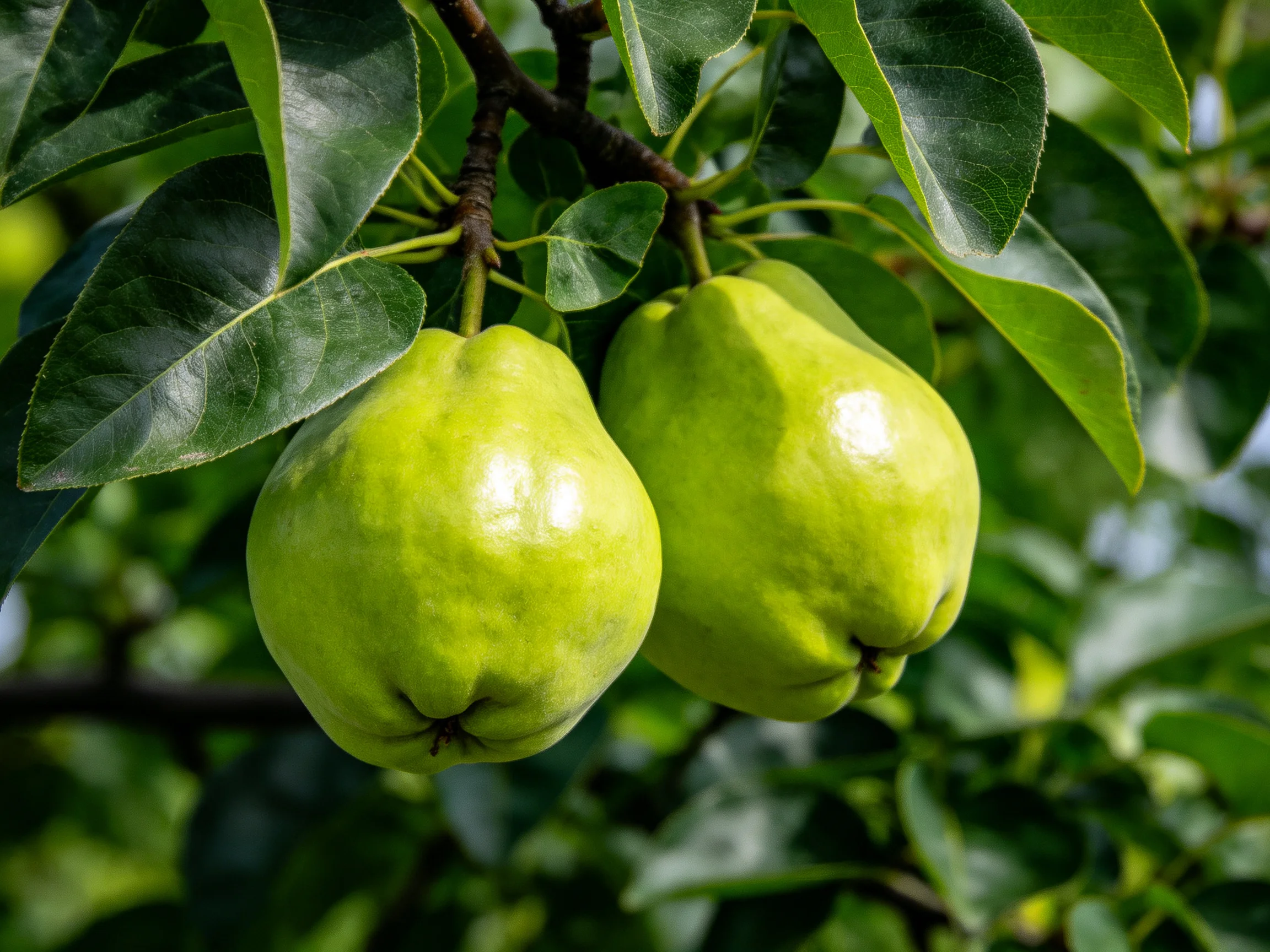 Two bright green pears dangle from a tree branch amid glossy leaves