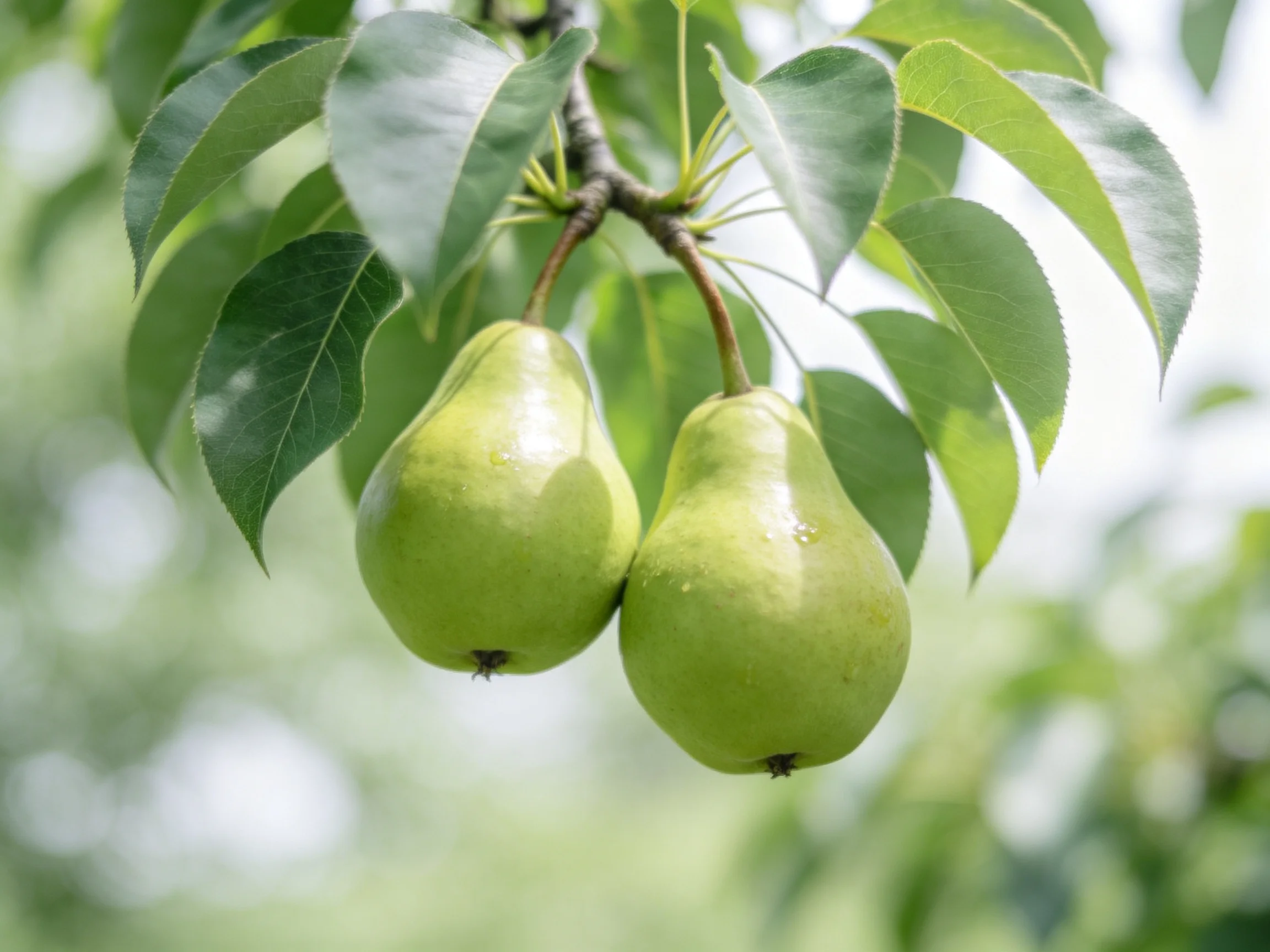 Two bright green pears hang from a leafy pear tree branch