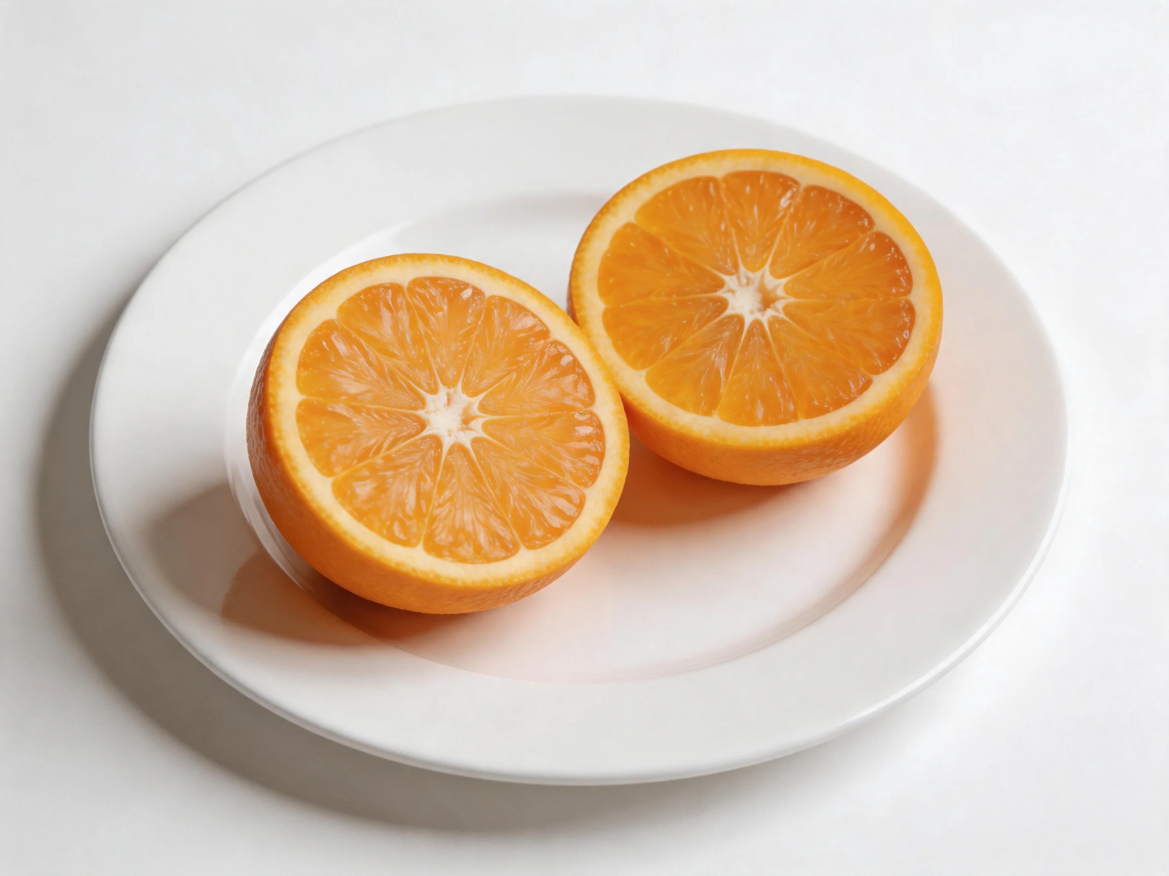 Two bright orange citrus fruit halves arranged on a white plate