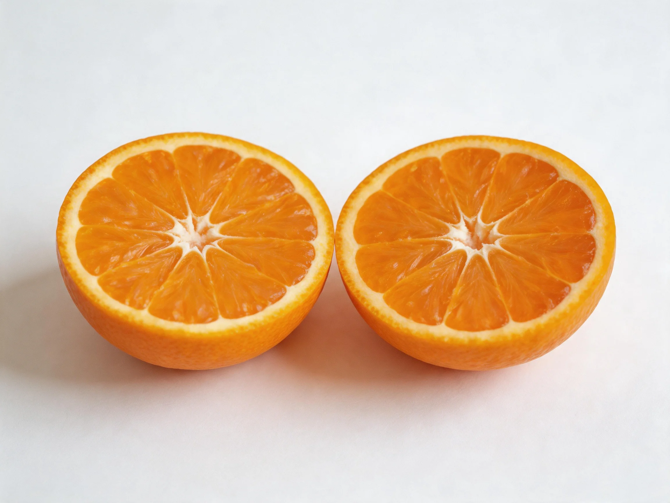 Two bright orange citrus fruit halves arranged on a white surface