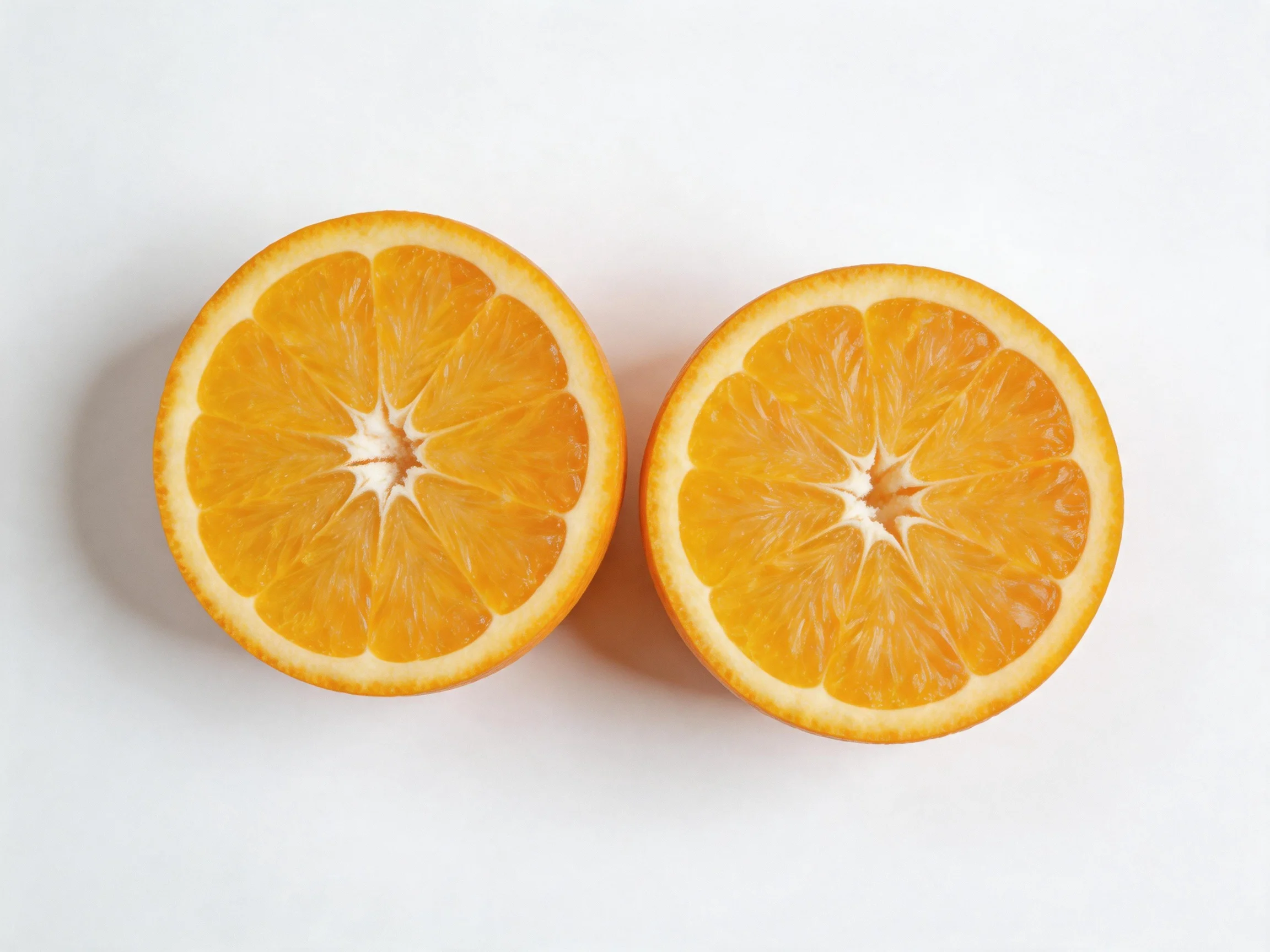 Two bright orange citrus fruit halves arranged side by side