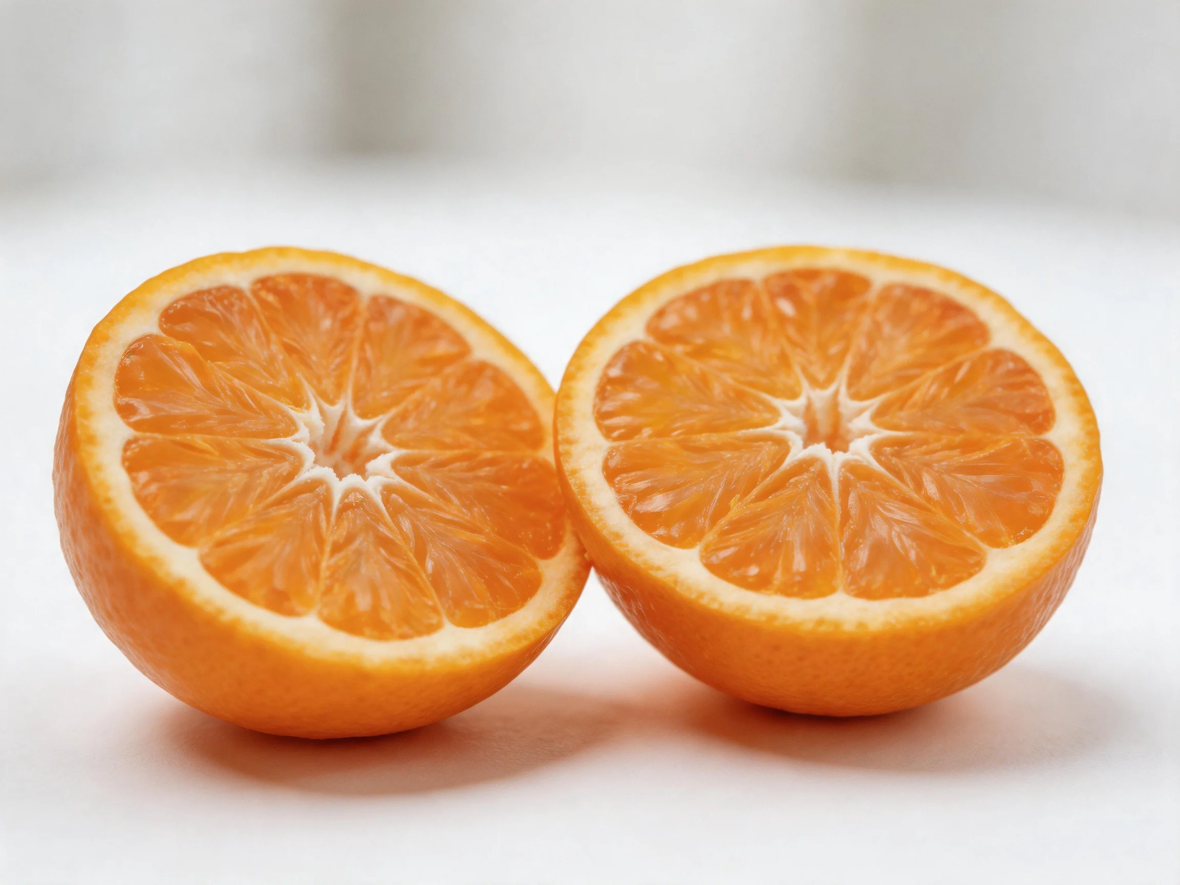 Two bright orange citrus fruit halves arranged side by side