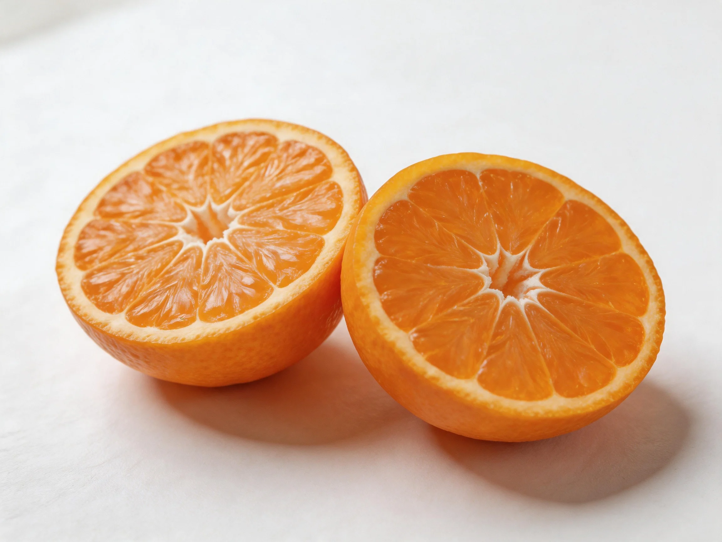 Two bright orange citrus fruit halves displayed on a white surface