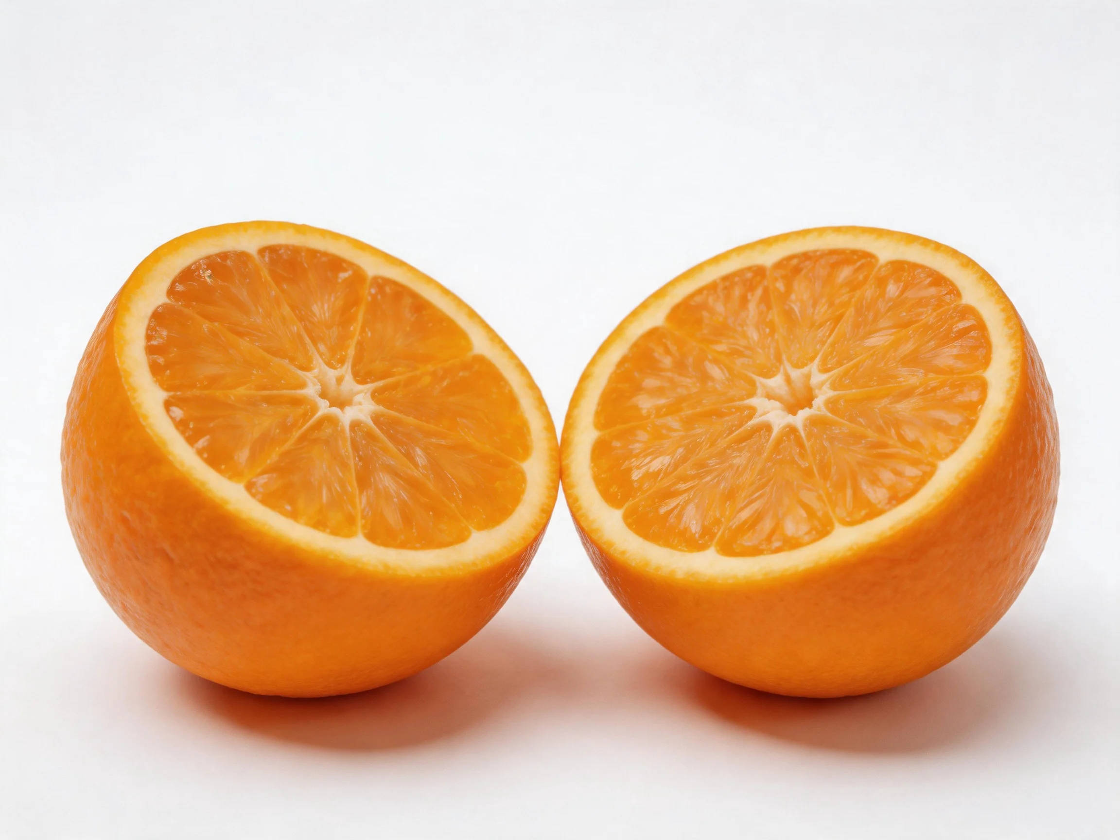 Two bright orange citrus fruit halves displayed on a white surface