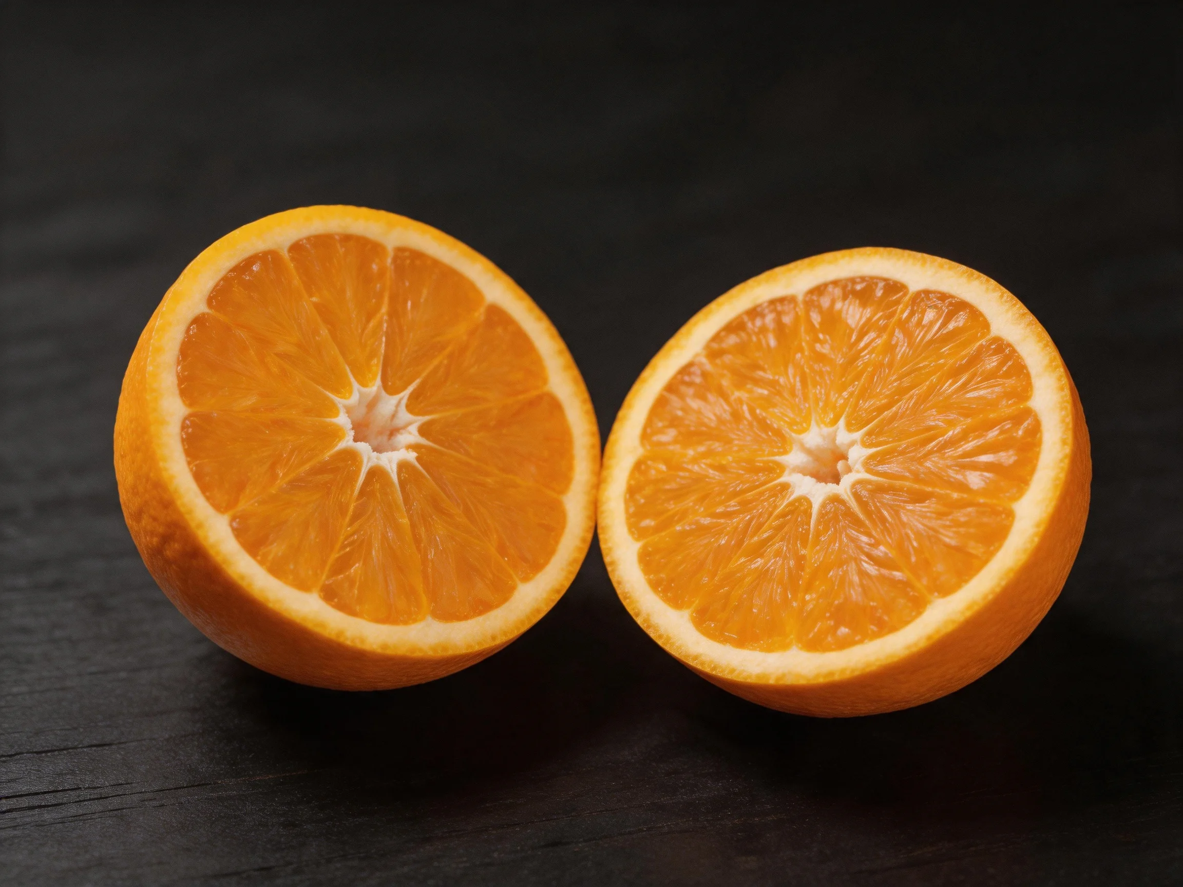 Two bright orange citrus fruit halves on a dark surface