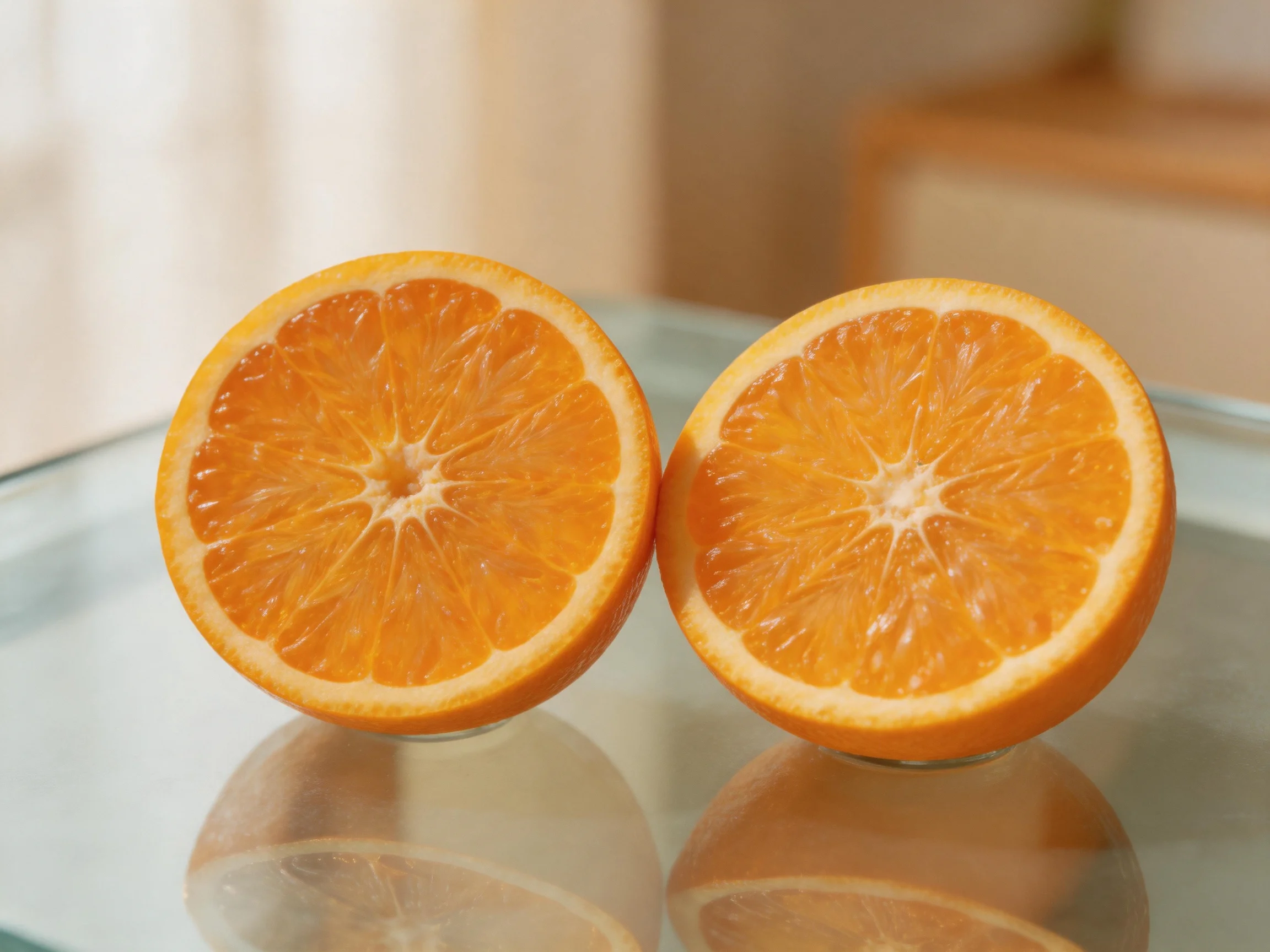 Two bright orange citrus fruit halves on a glass surface