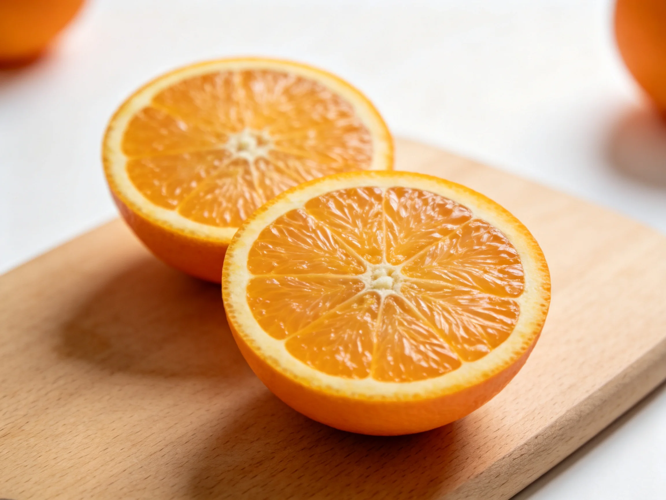 Two bright orange citrus fruit halves on a wooden cutting board