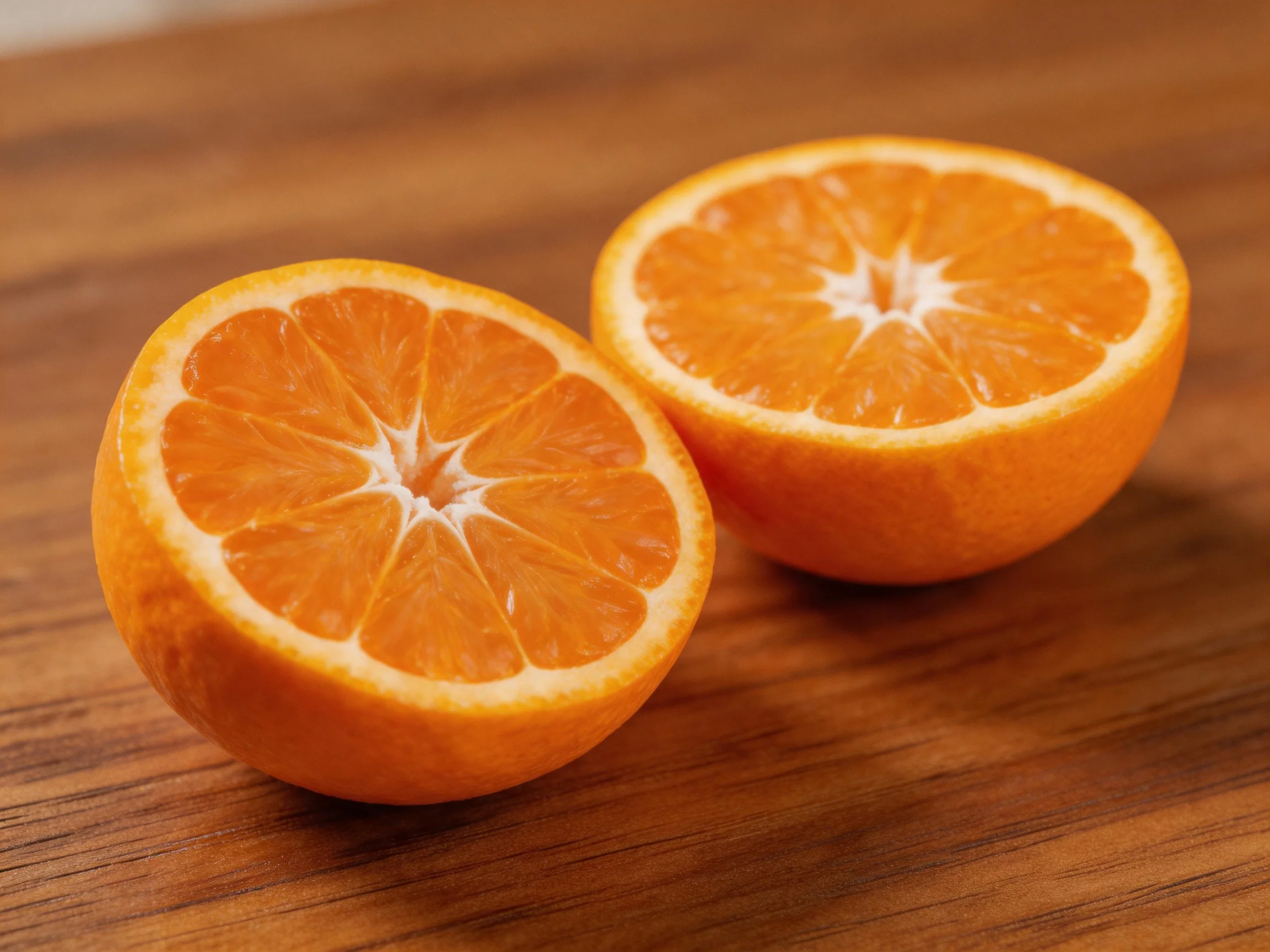 Two bright orange citrus fruit halves on a wooden surface