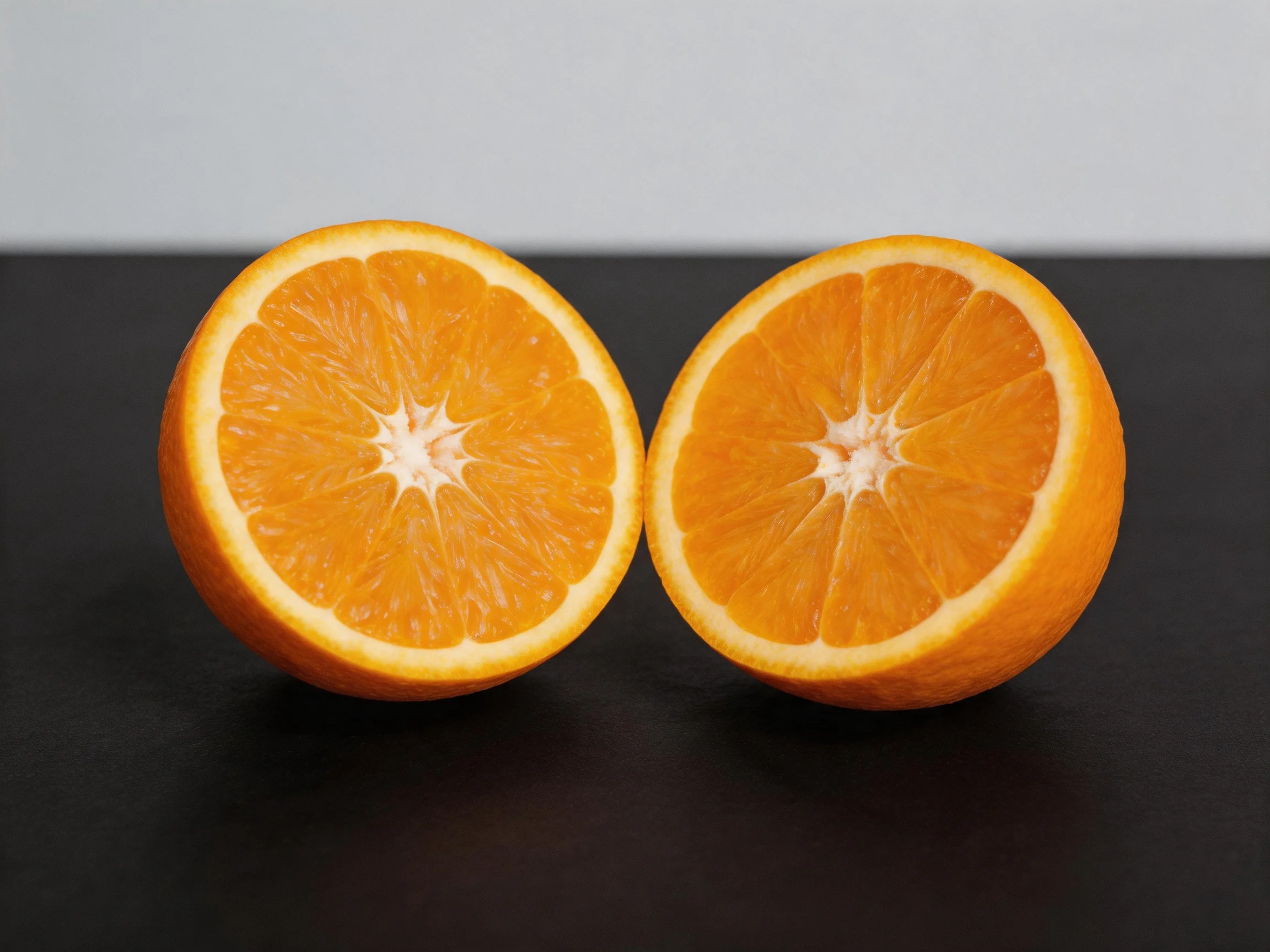 Two bright orange citrus fruit halves rest on a dark surface