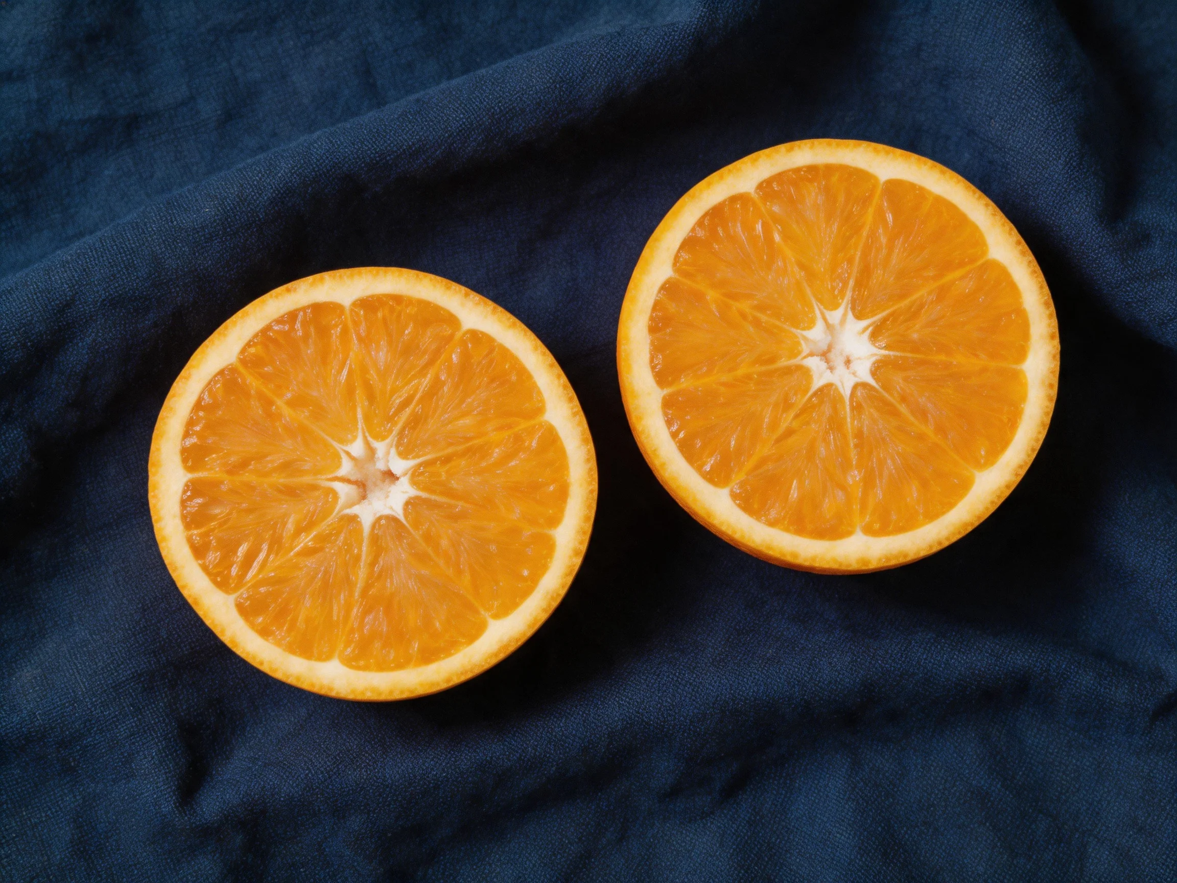 Two bright orange citrus fruit halves rest on a deep navy fabric
