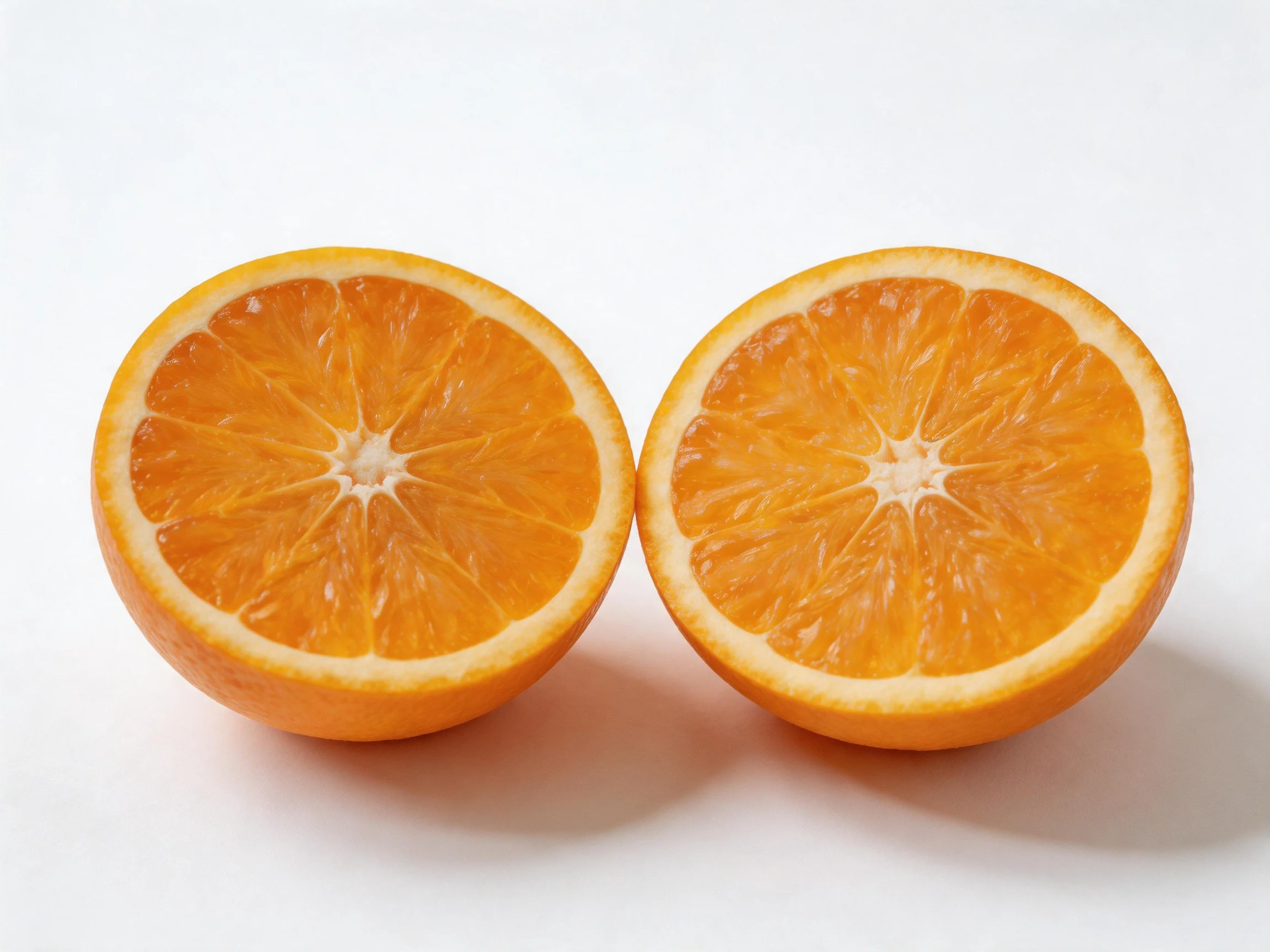 Two bright orange citrus fruit halves side by side