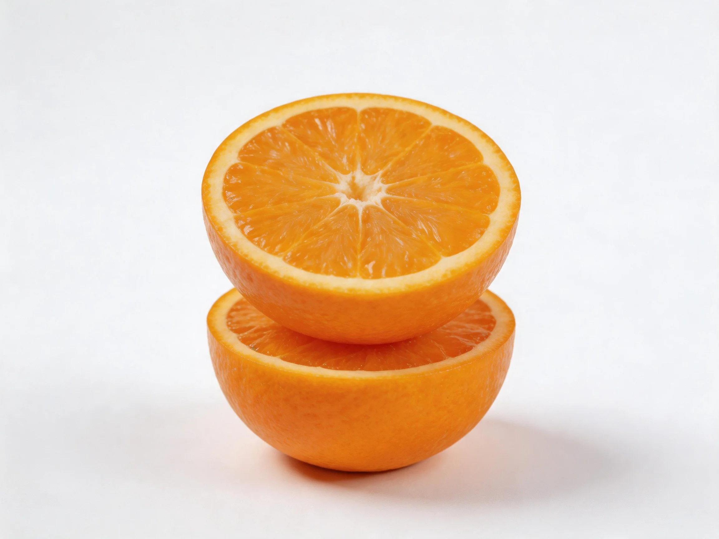 Two bright orange citrus fruit halves stacked together