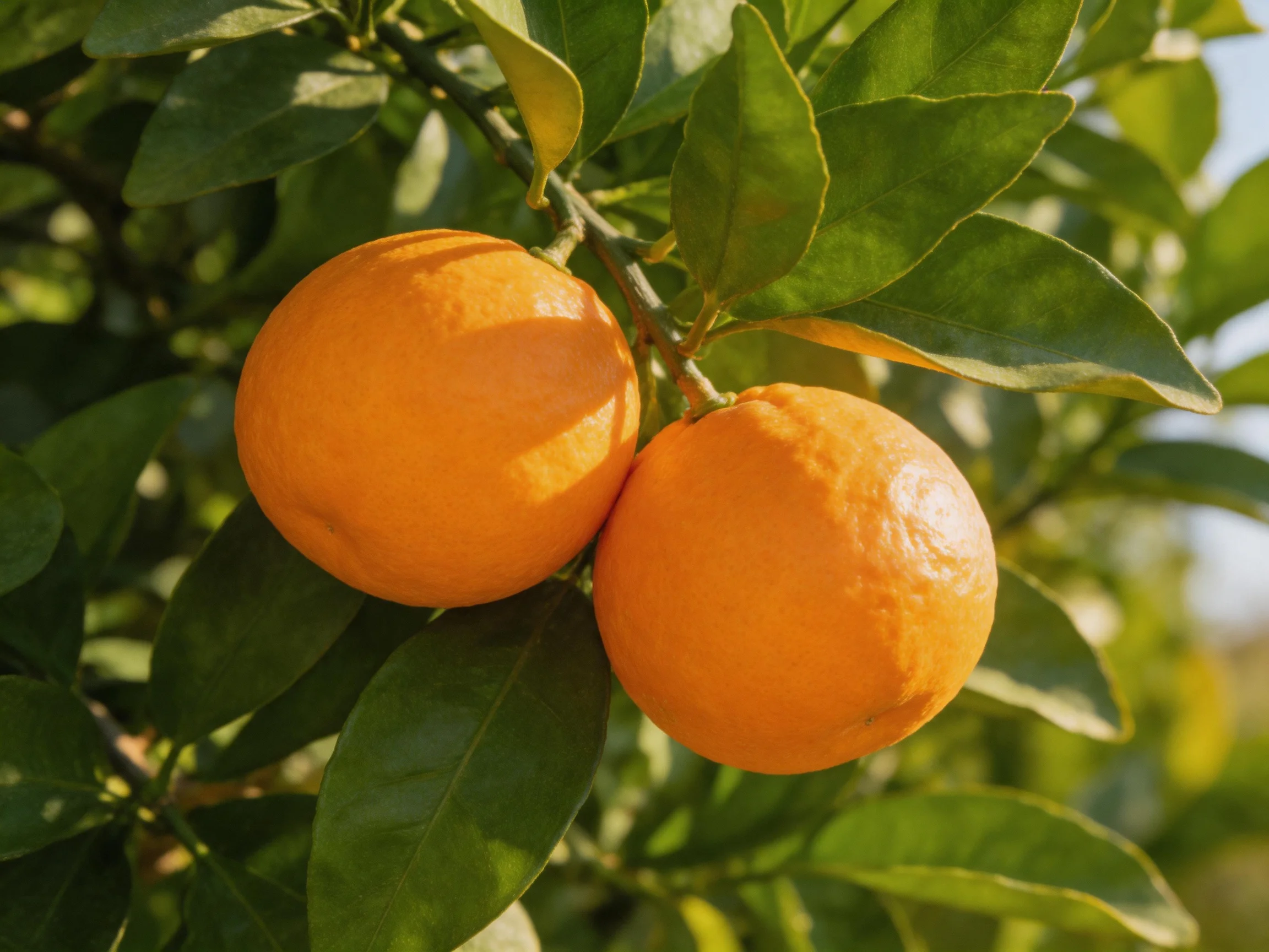 Two bright orange citrus fruits surrounded by glossy green foliage