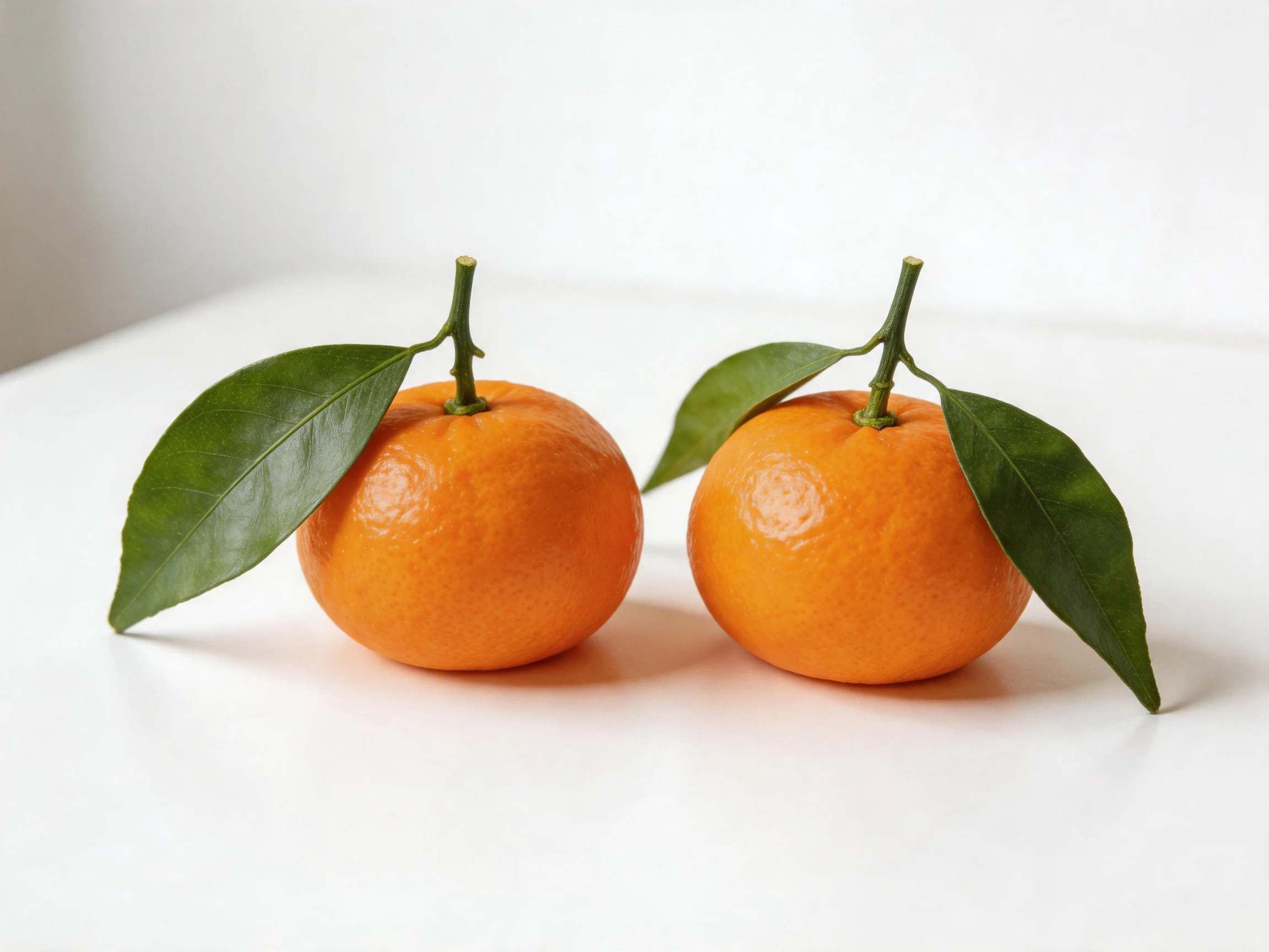 Two bright orange citrus fruits with green leaves