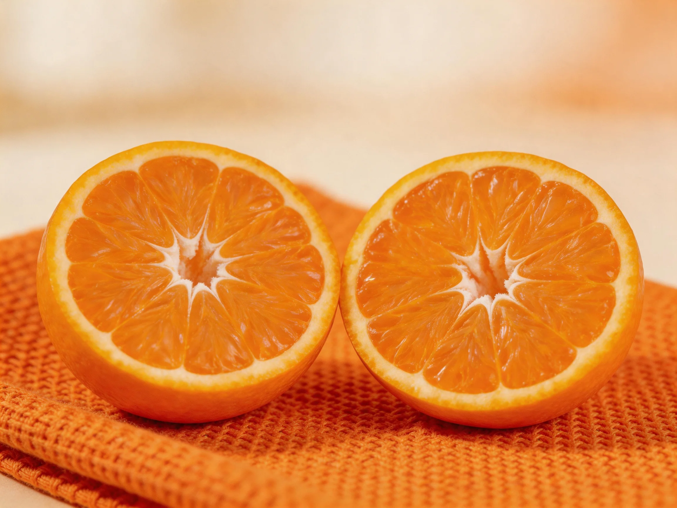 Two bright orange citrus halves rest on an orange textured cloth