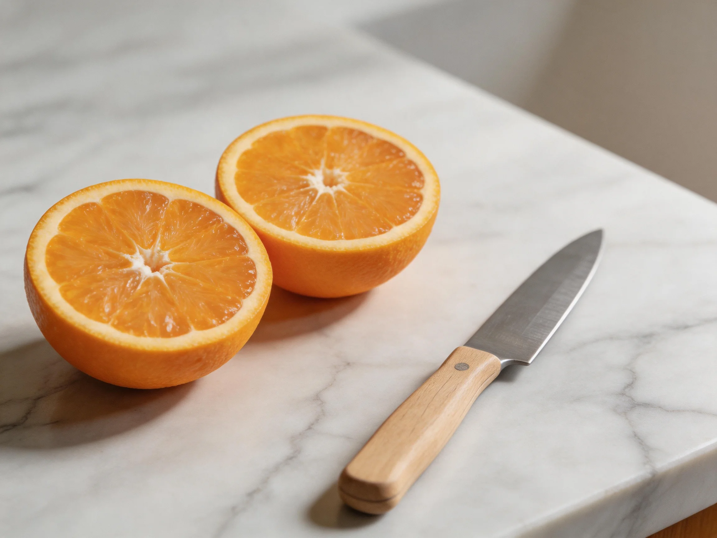 Two bright orange citrus halves sit next to a knife with a wooden handle on a white marble surface.