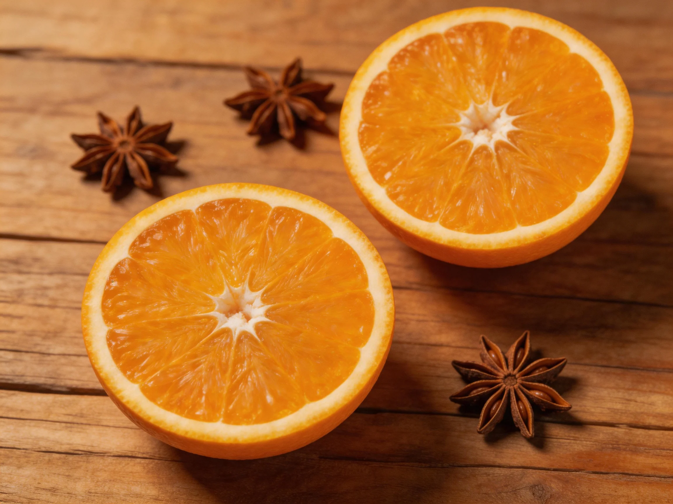 Two bright orange fruit halves sit next to star anise spices on a wooden table