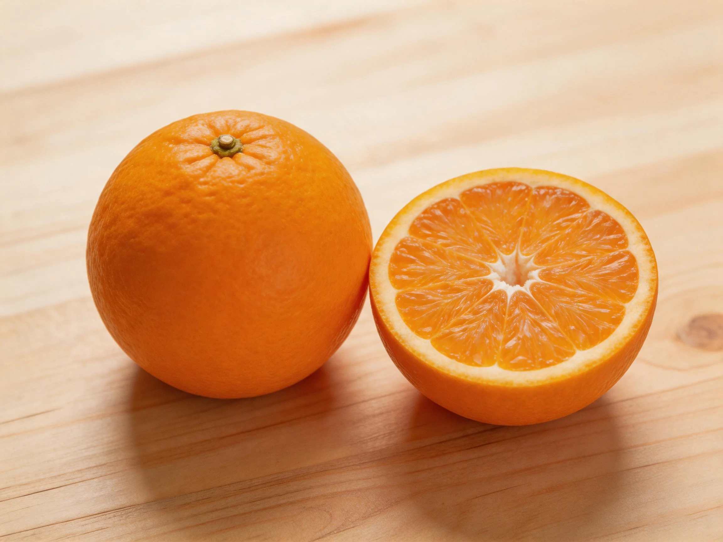 Two bright orange fruits, one whole and one cut in half, rest on a light wood surface.
