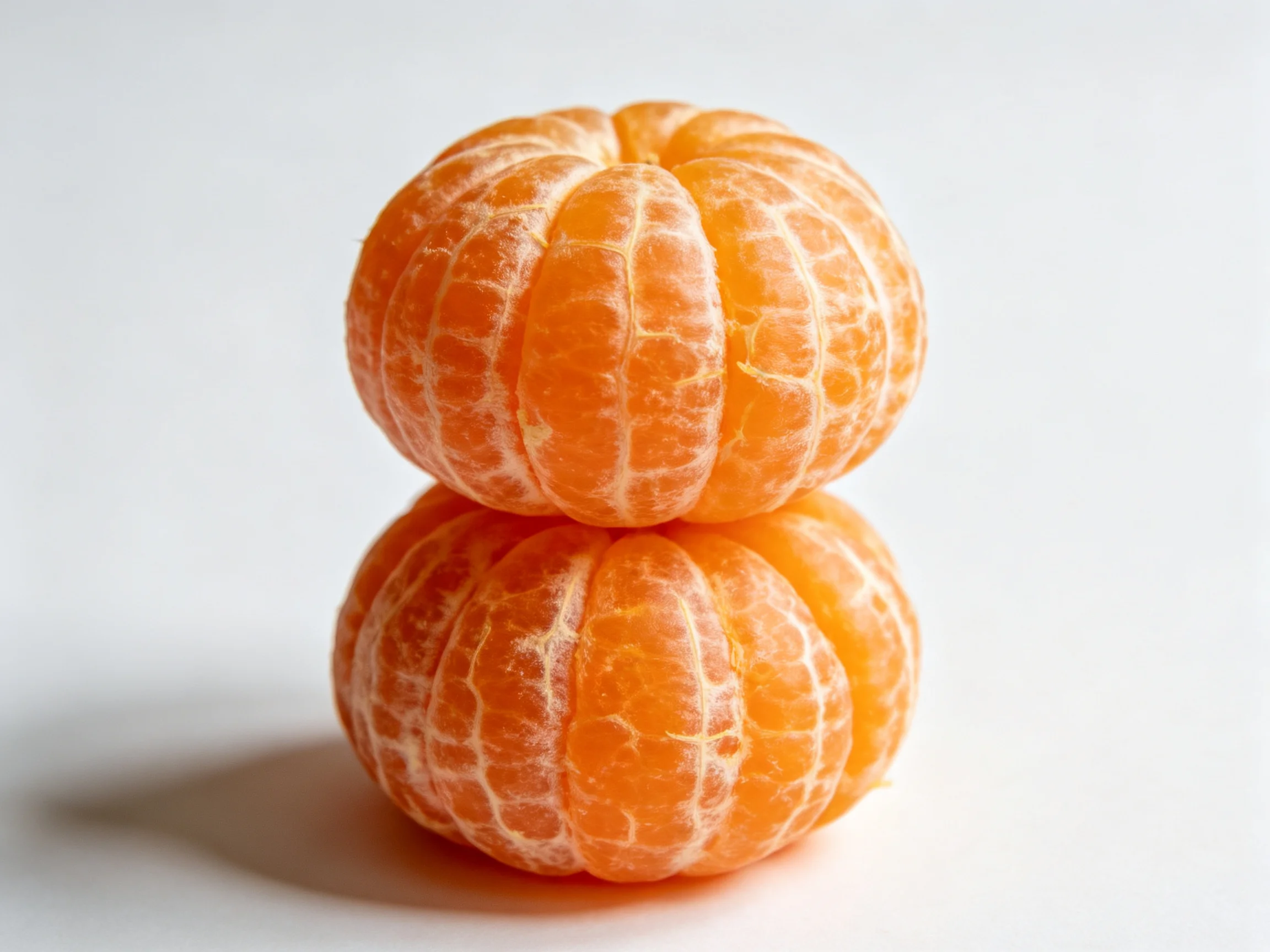 Two bright orange peeled mandarins stacked vertically