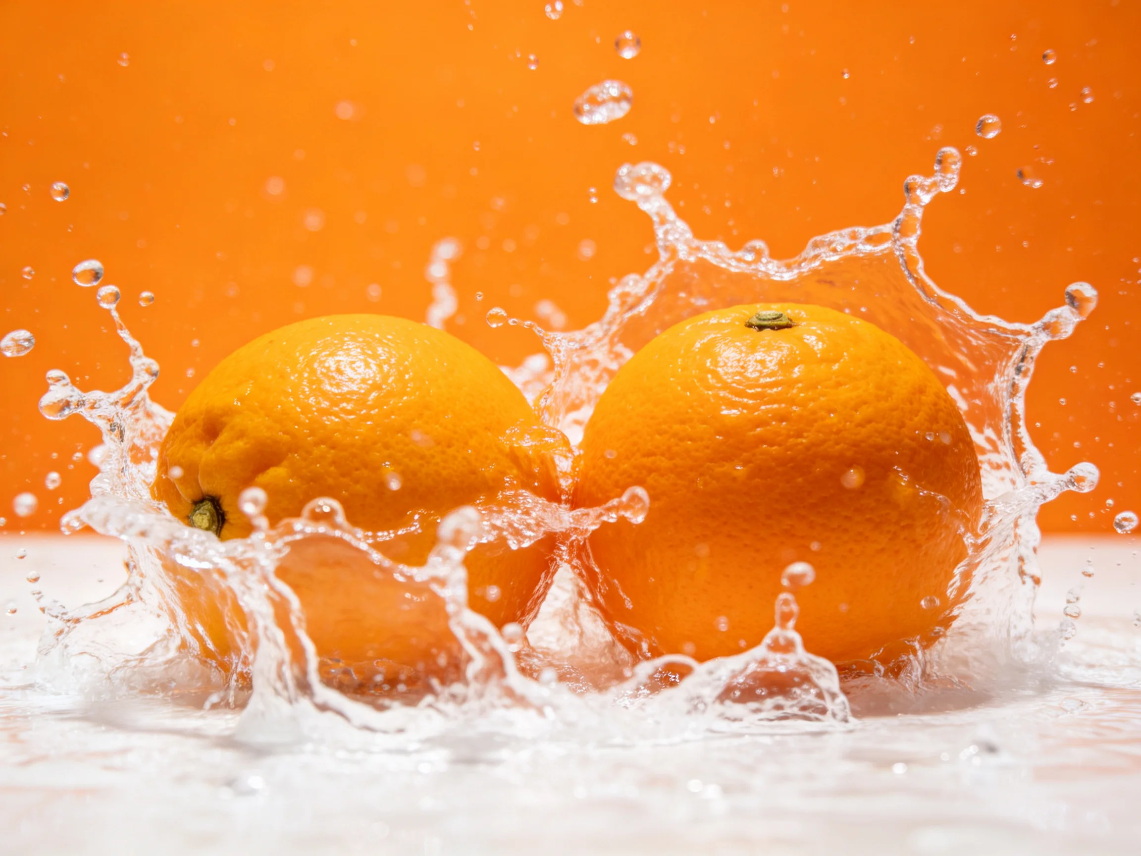 Two bright oranges create dynamic water splashes on an orange background