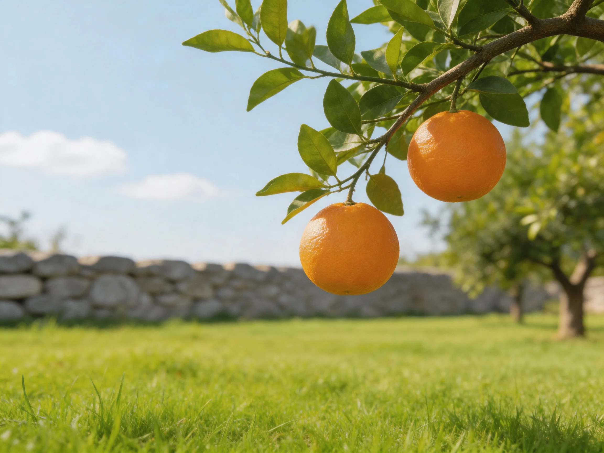 Two bright oranges hang from a leafy branch near an old stone wall