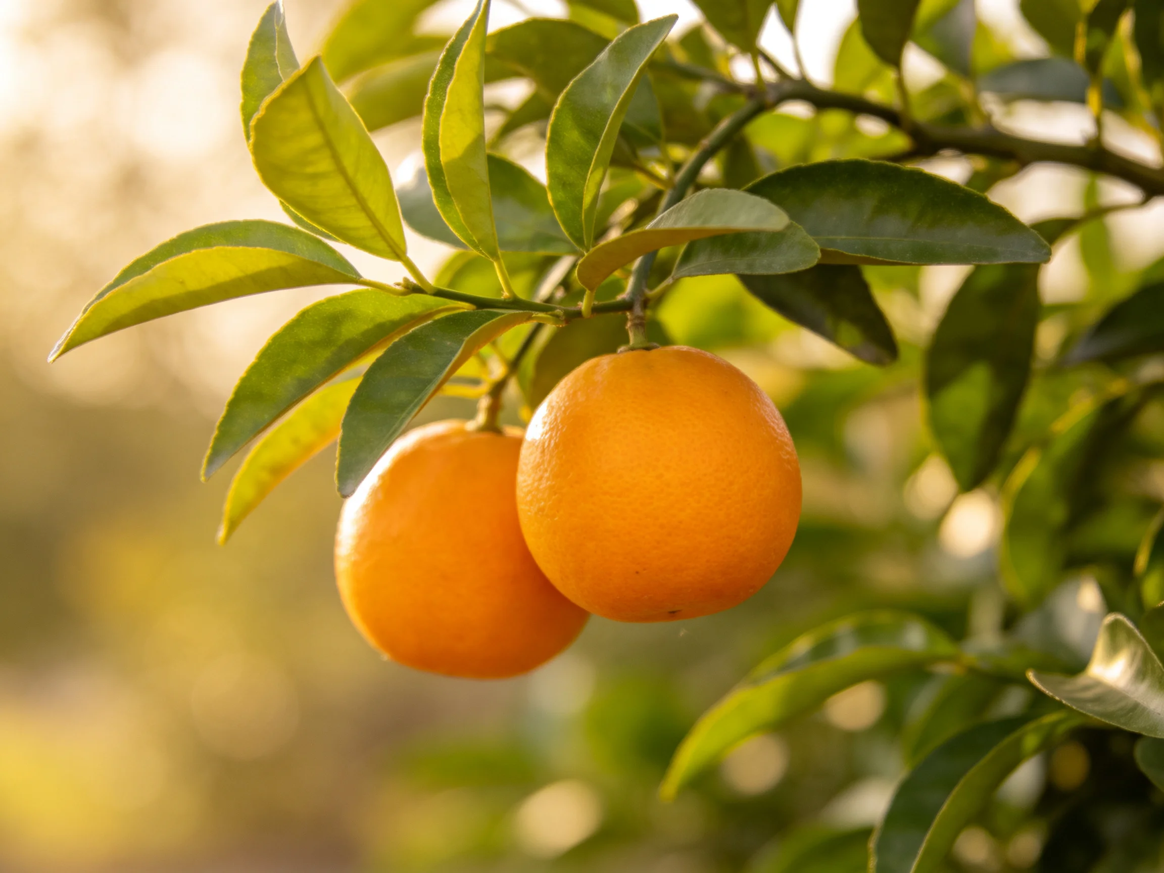 Two bright oranges hang from a leafy citrus branch