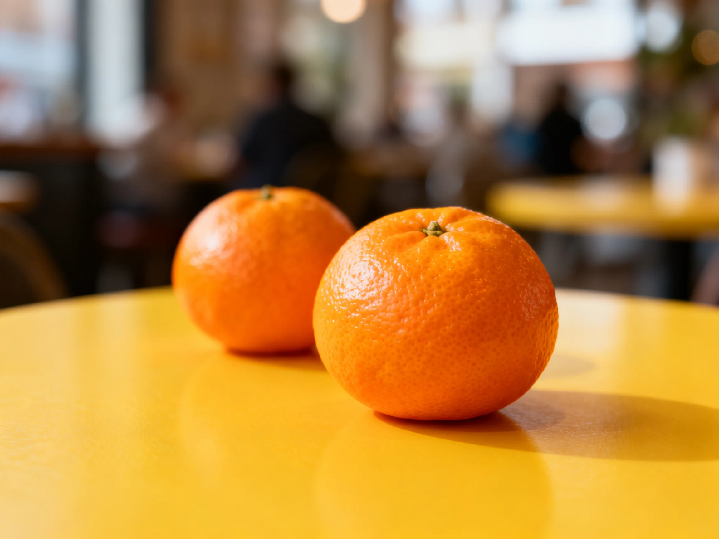 Two bright oranges rest on a glossy yellow table in a softly lit area.