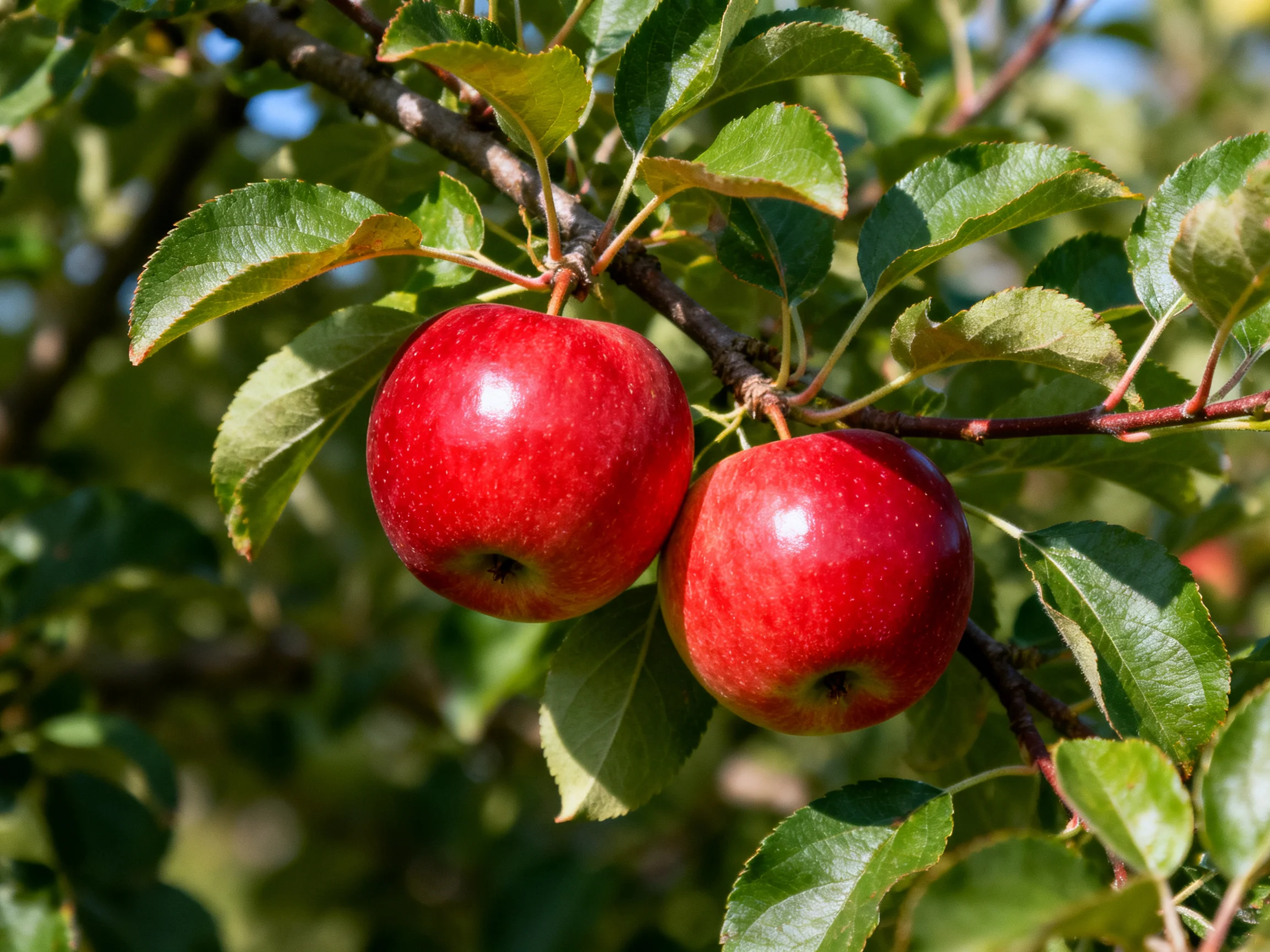Two bright red apples hang from a leafy apple tree branch