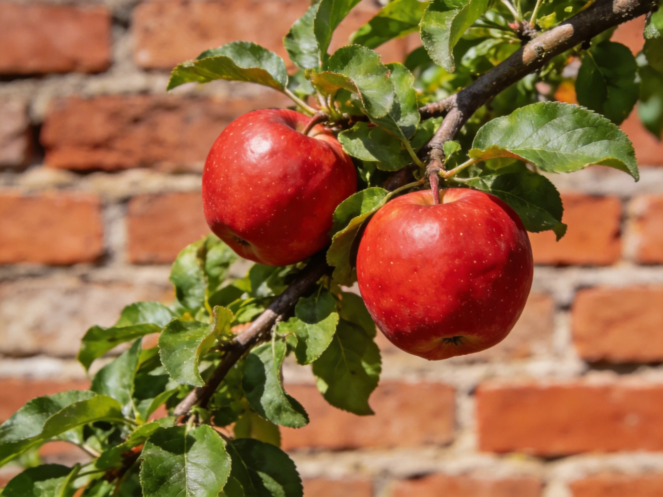 Two bright red apples hang from an apple tree branch near a brick wall