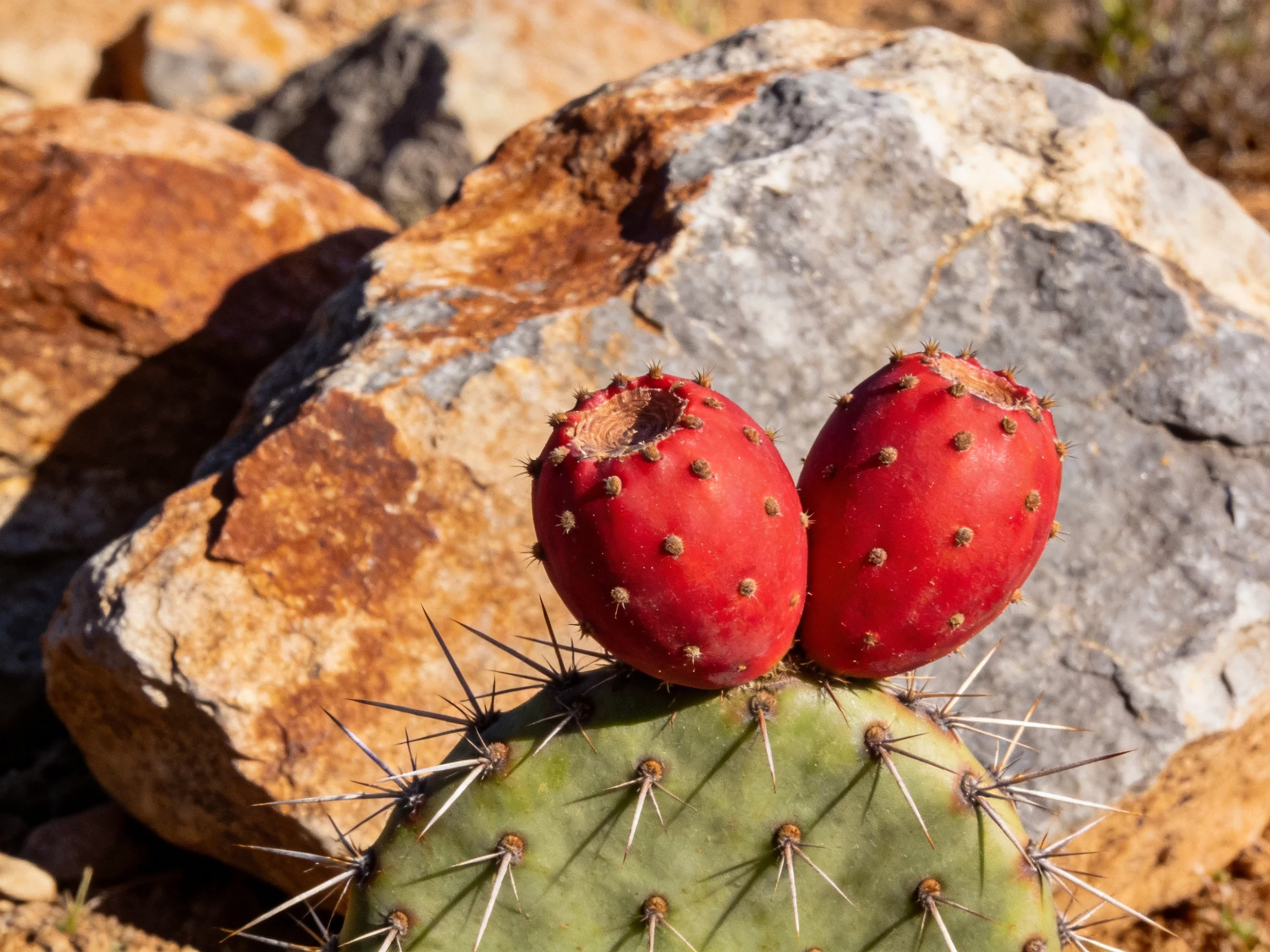 Two bright red prickly pear fruits sit on a spiky cactus beside large rocks