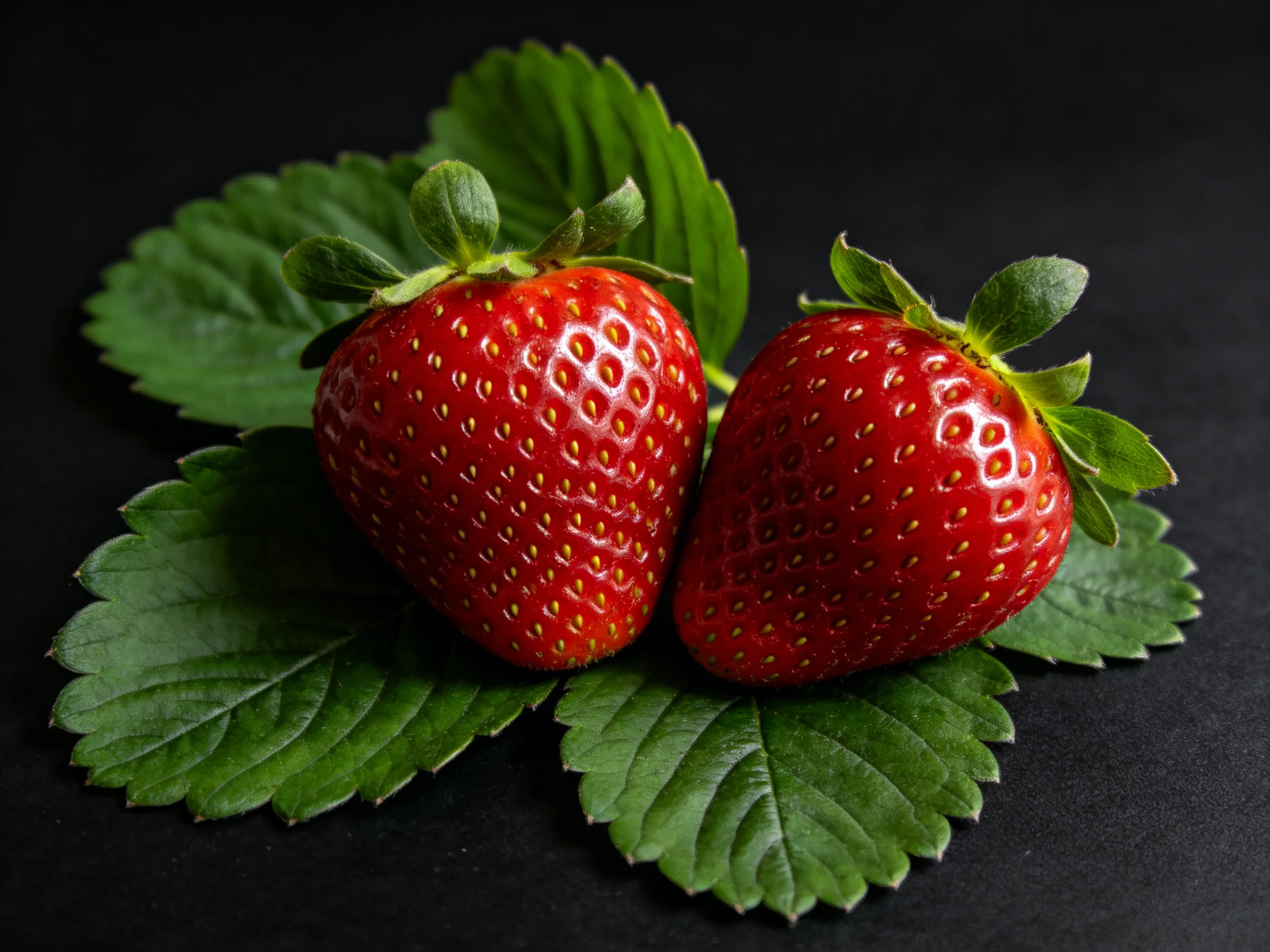 Two bright red strawberries sit among green leaves on a black surface