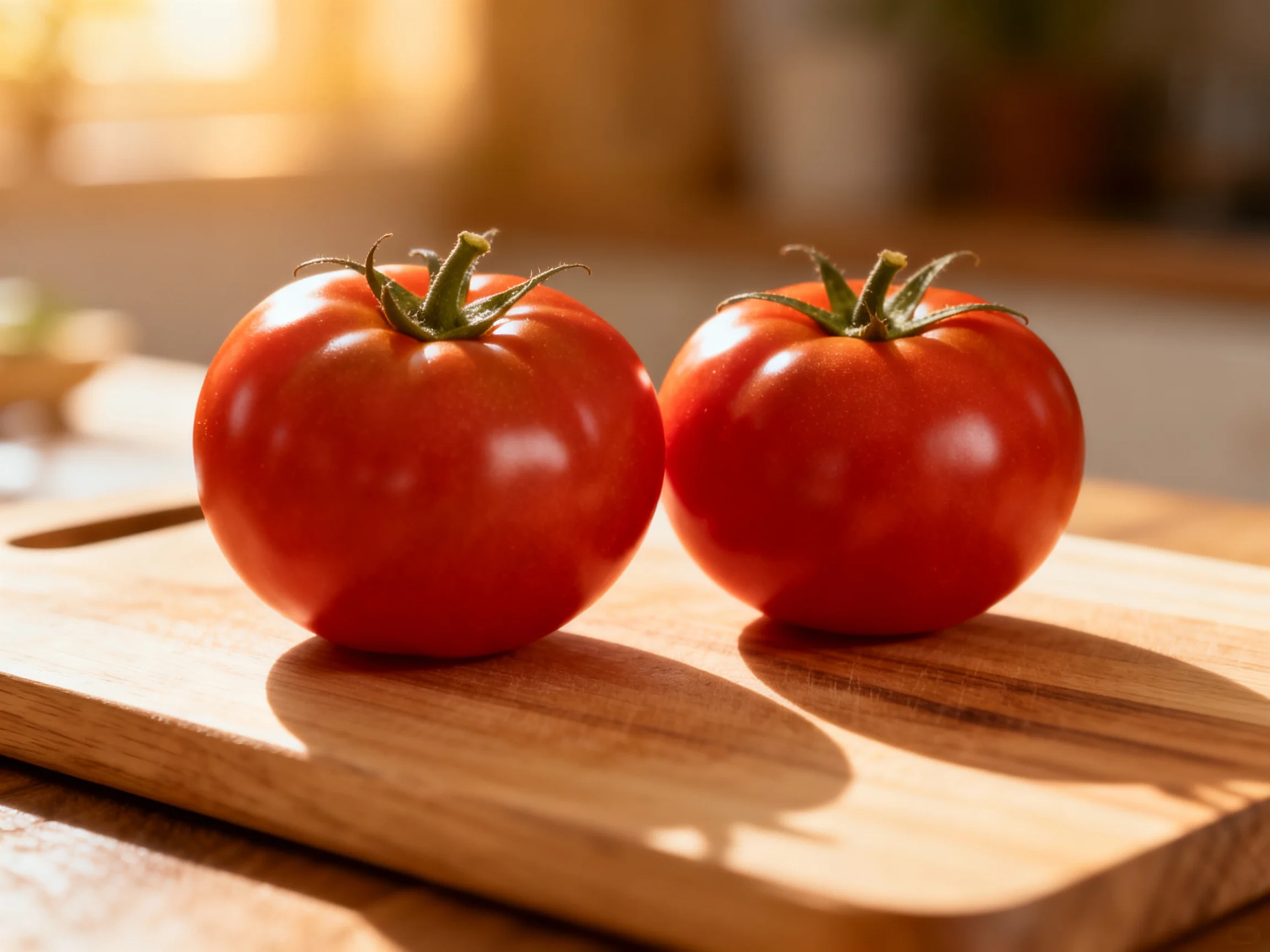 Two bright red tomatoes sit atop a polished wooden cutting board