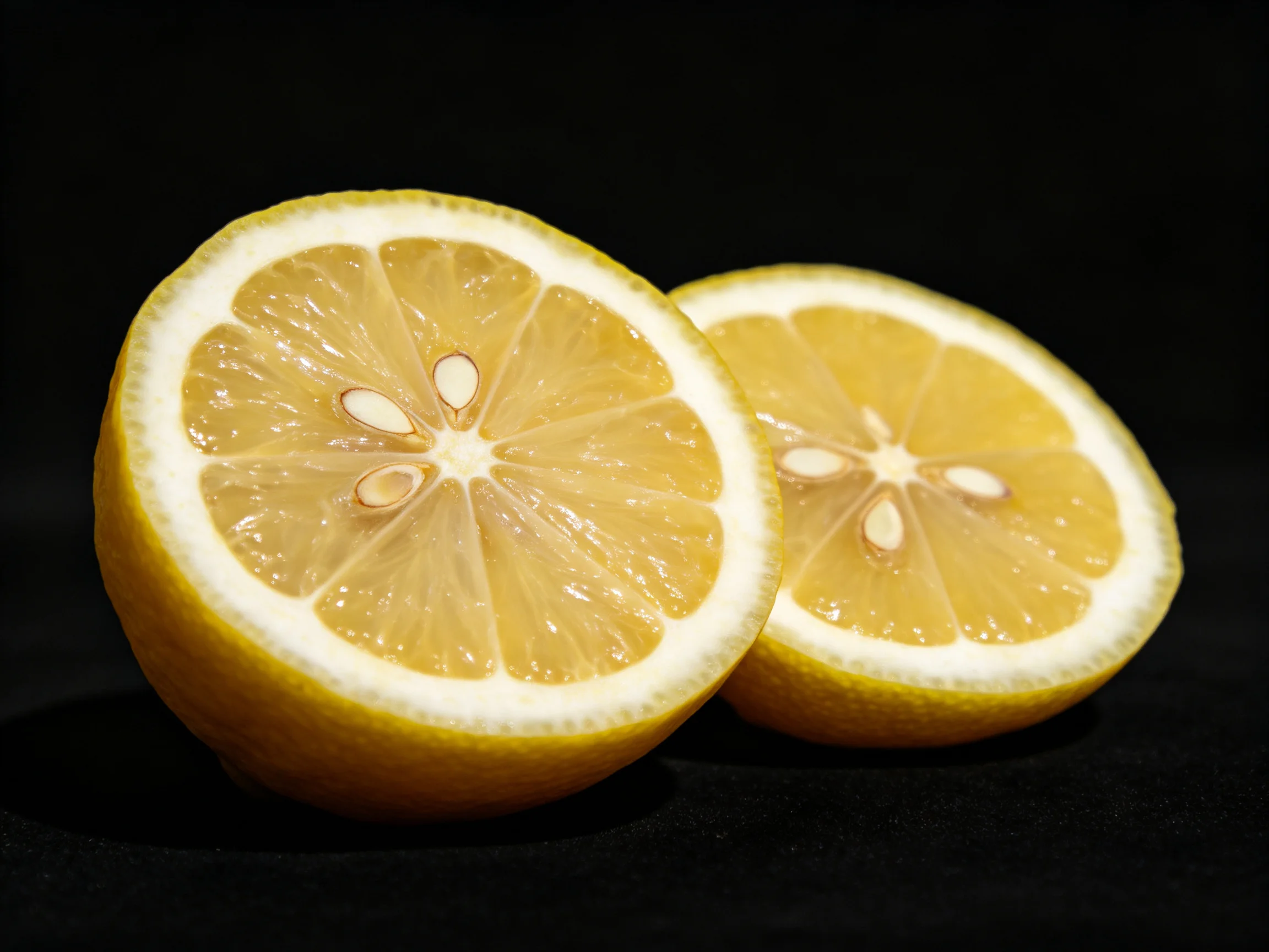 Two bright yellow lemon halves displayed against a black backdrop