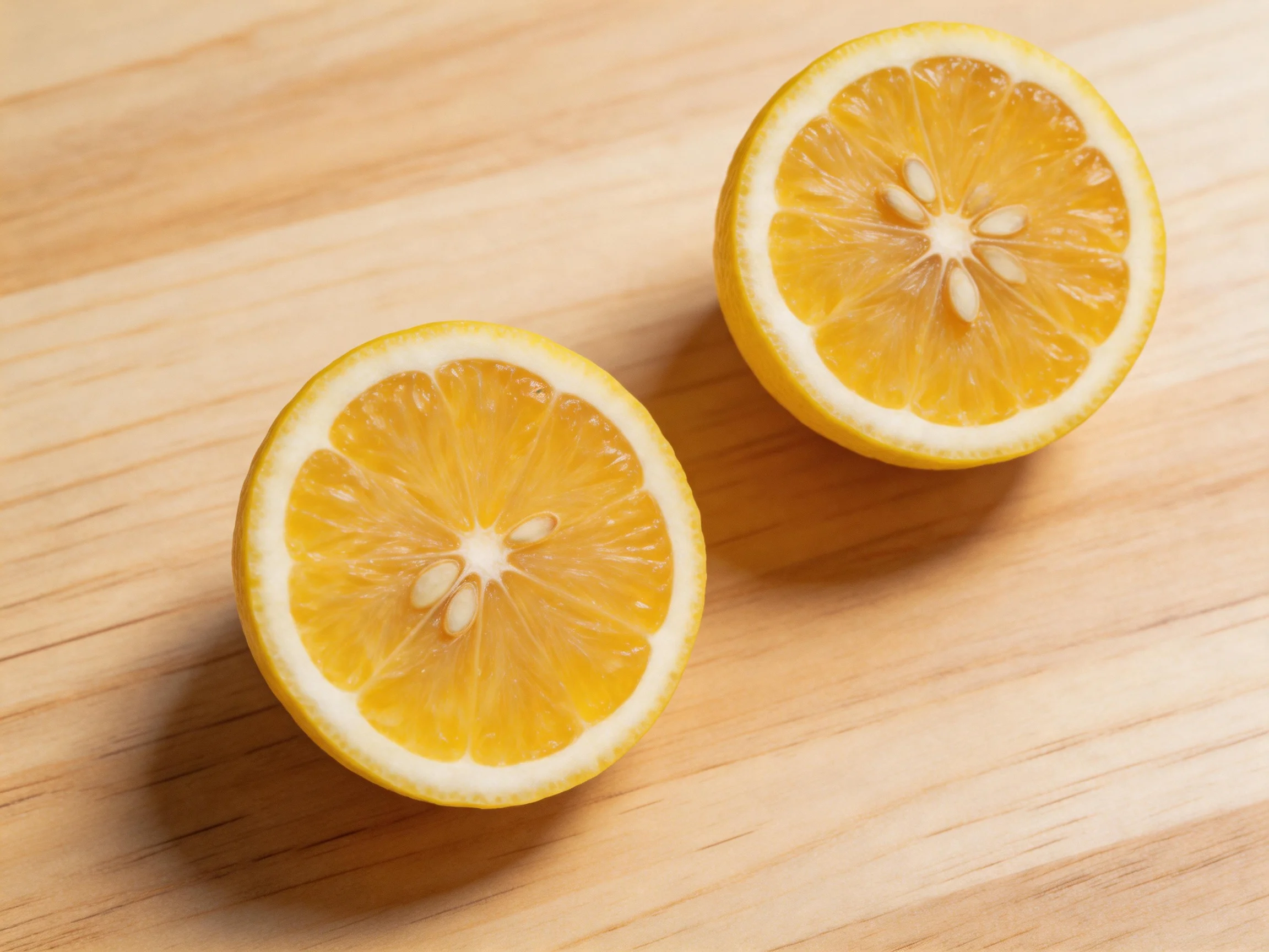 Two bright yellow lemon halves on a light wooden surface