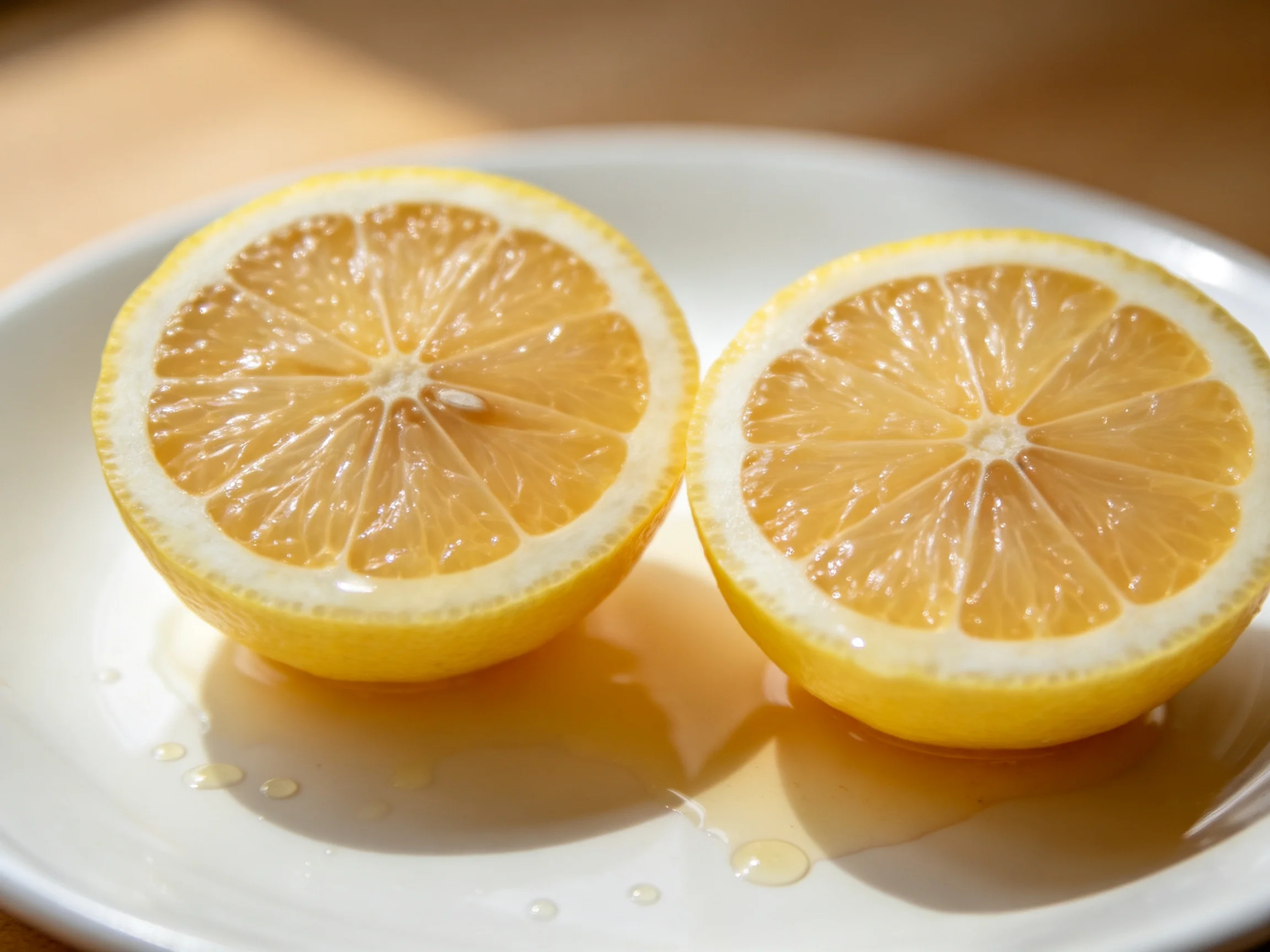 Two bright yellow lemon halves on a white plate with juice