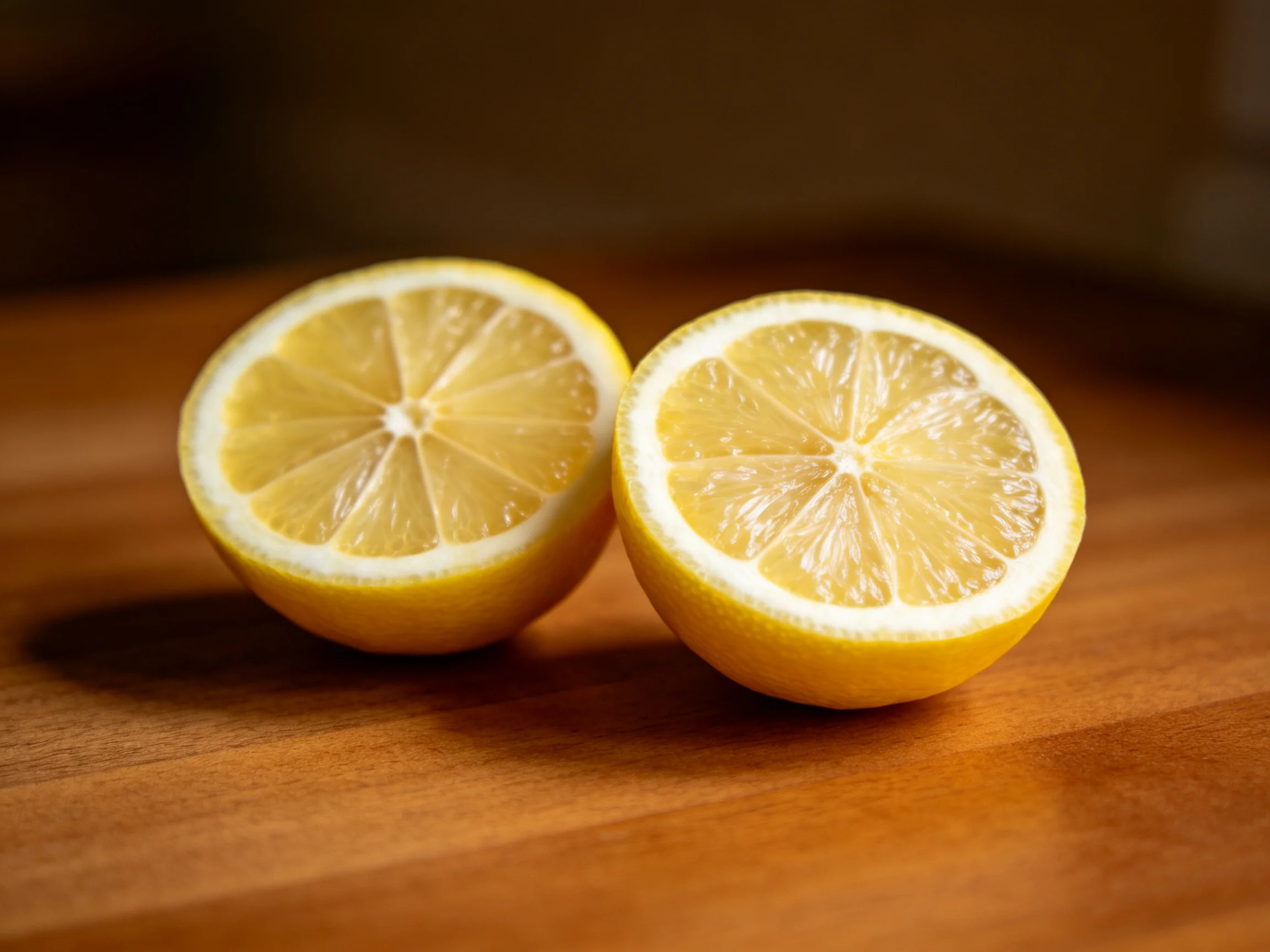 Two bright yellow lemon halves rest on a polished wooden surface.