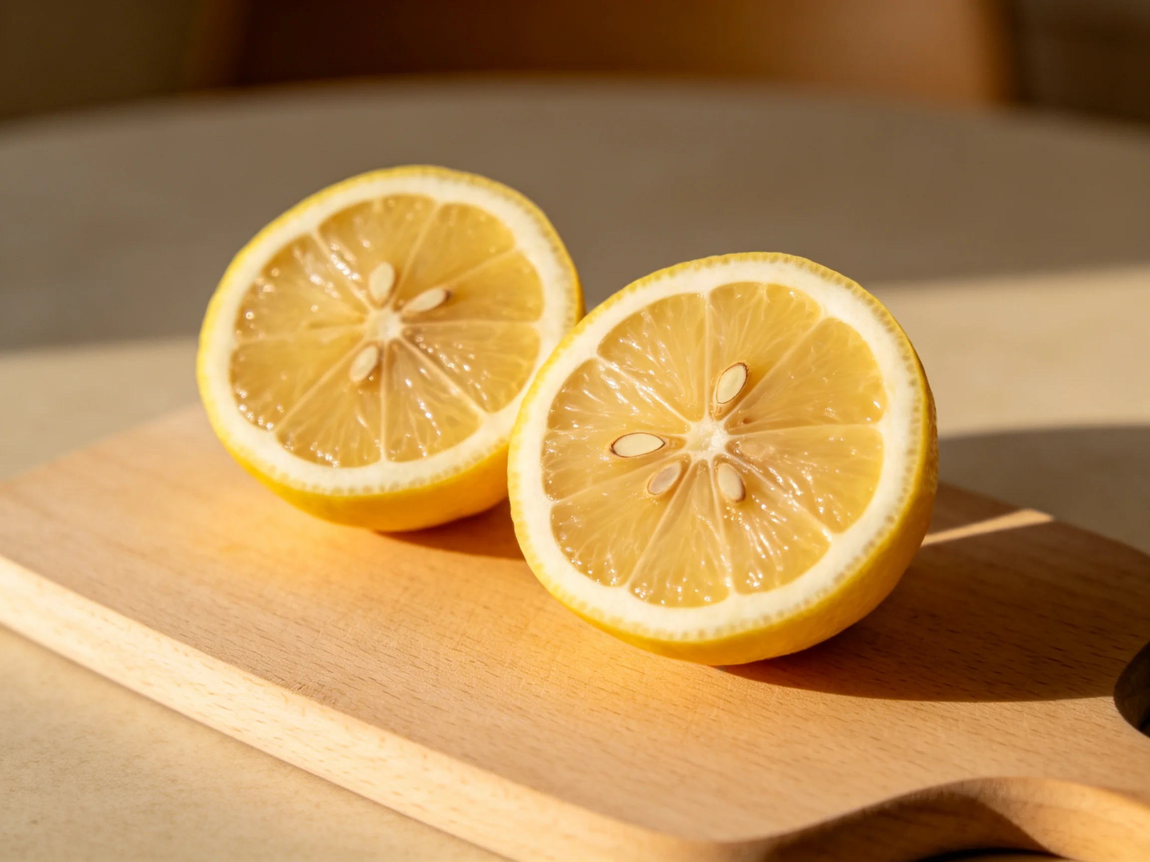 Two bright yellow lemon halves rest on a wooden cutting board