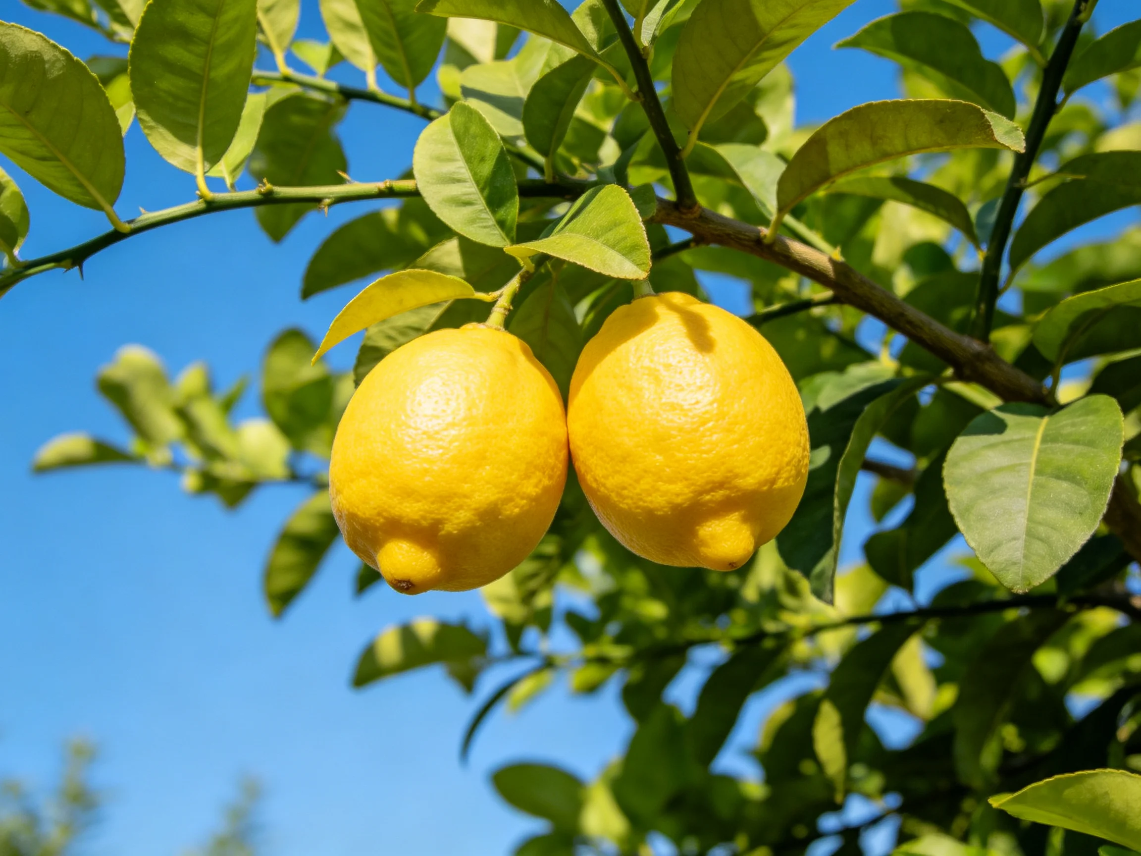 Two bright yellow lemons hang from a leafy lemon tree under a clear blue sky
