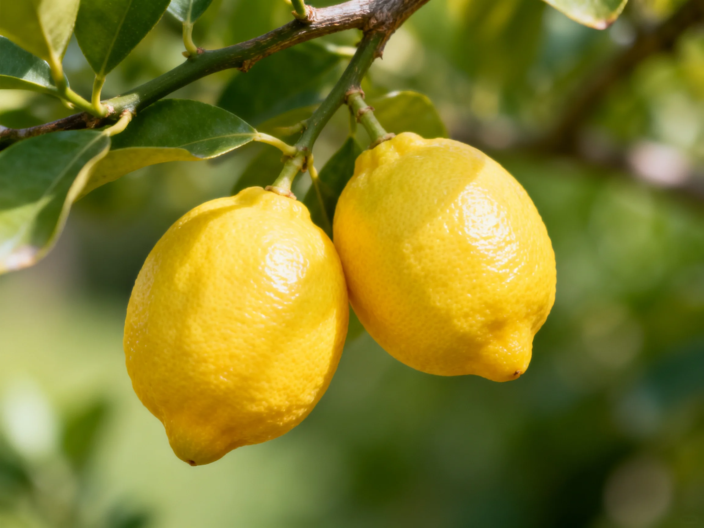 Two bright yellow lemons hang from a lemon tree branch