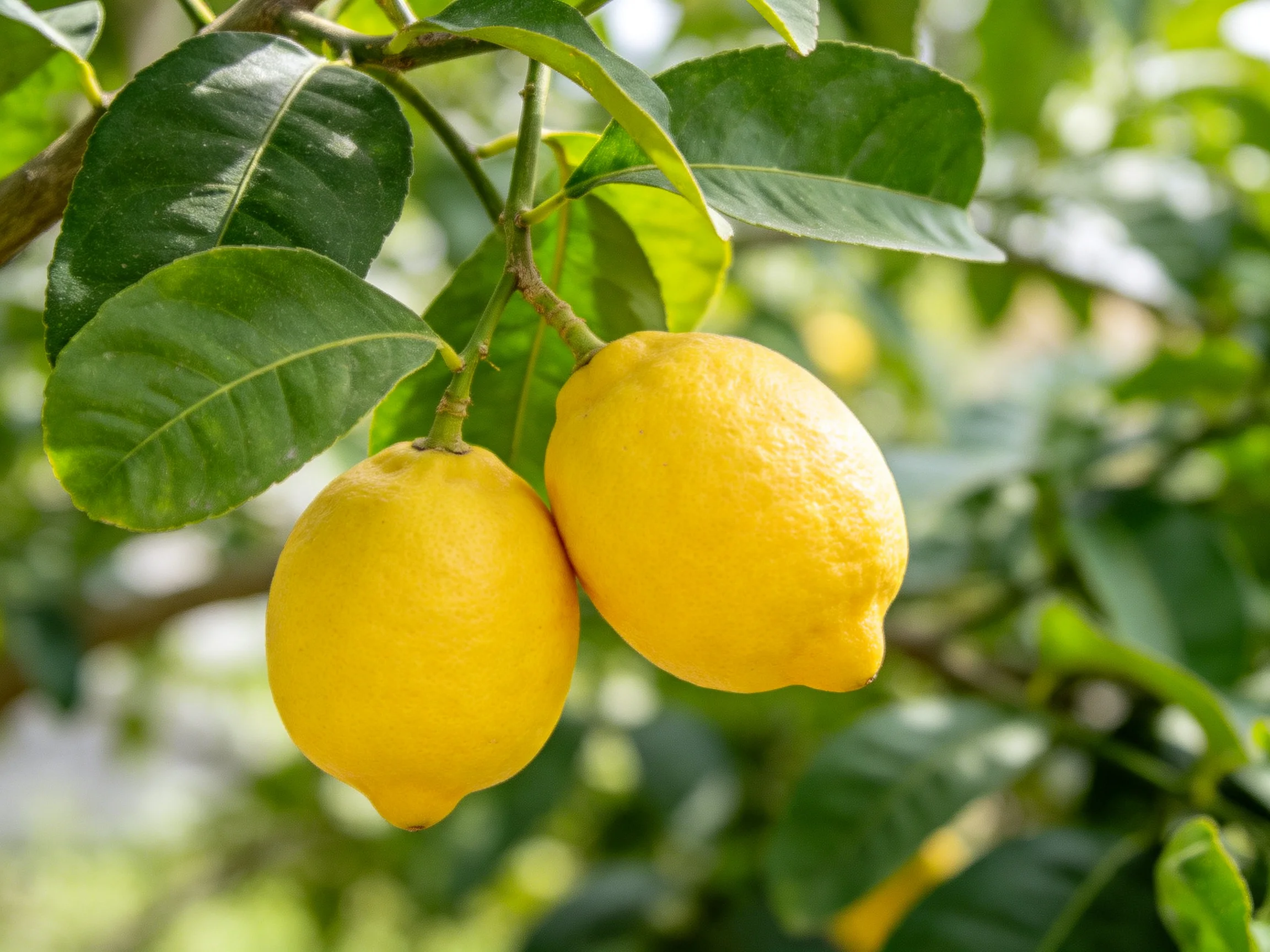 Two bright yellow lemons hang from a lemon tree with lush green foliage.