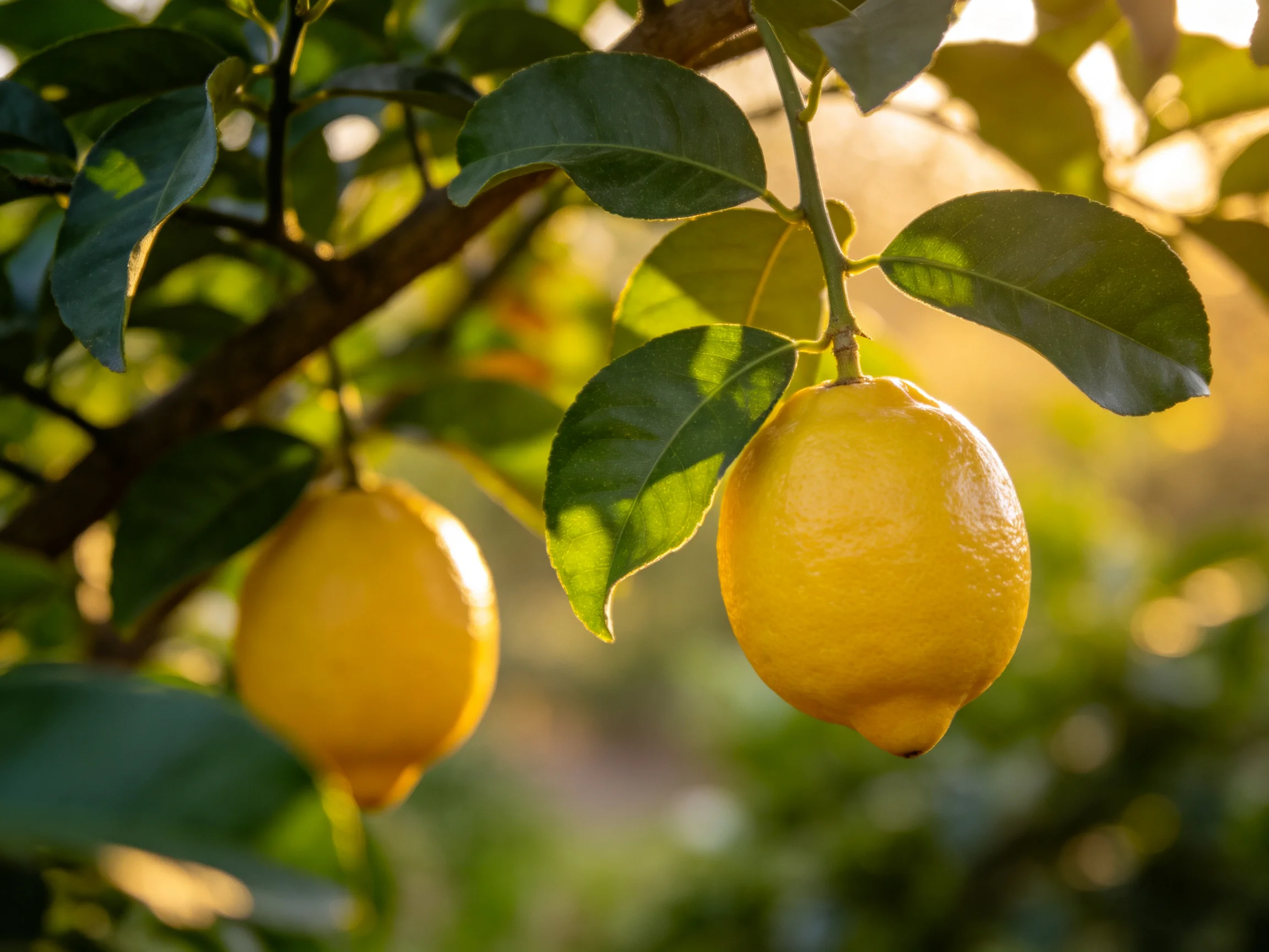 Two bright yellow lemons hang from a lush lemon tree with green leaves under golden sunlight