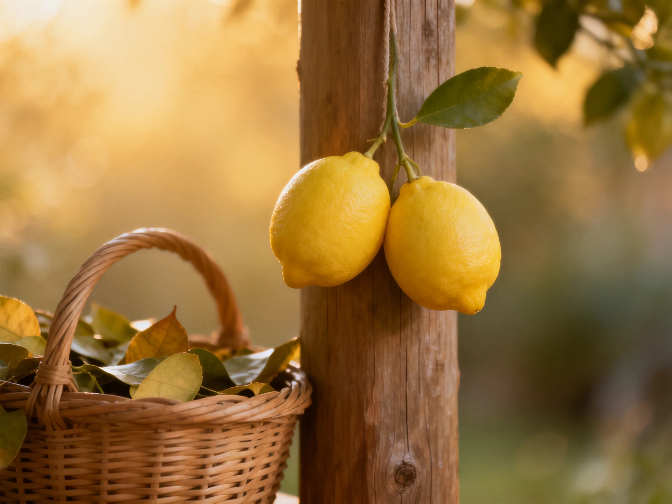 Two bright yellow lemons hang from a wooden post near a wicker basket of leaves