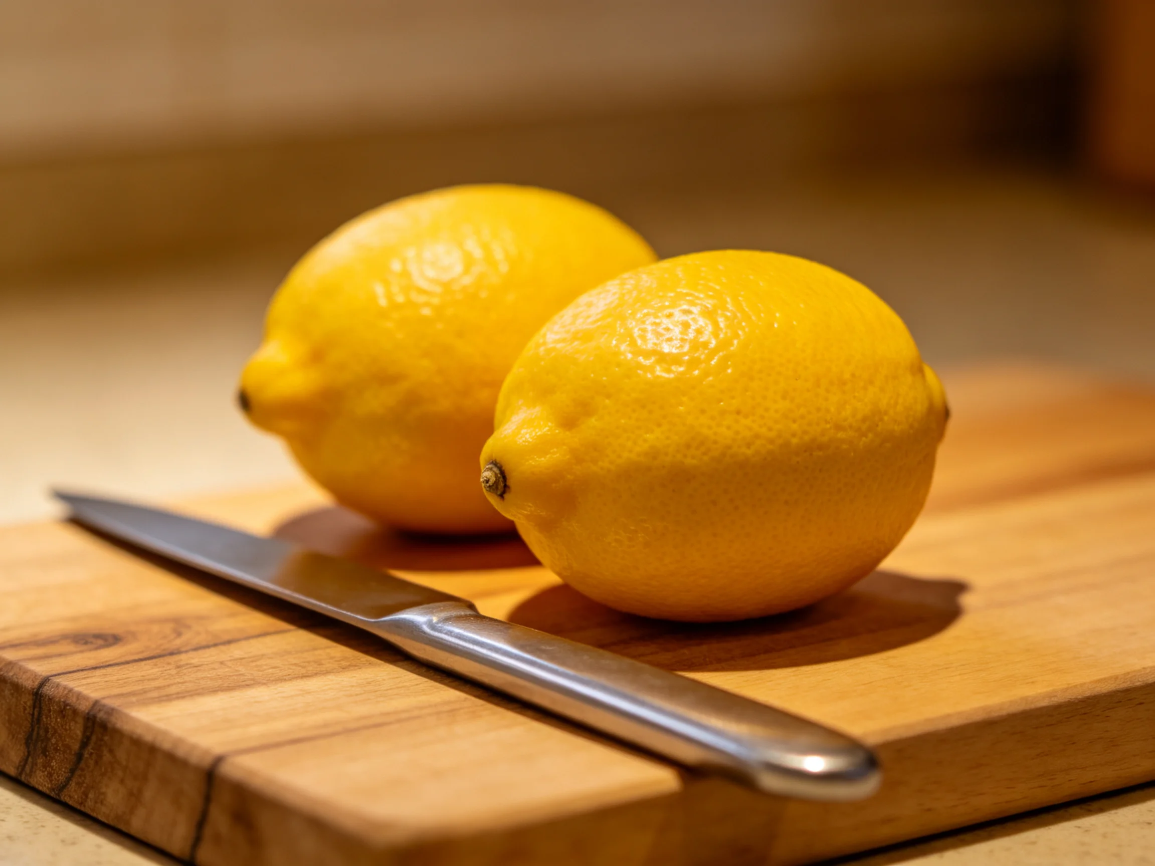 Two bright yellow lemons on a wooden cutting board with a silver knife