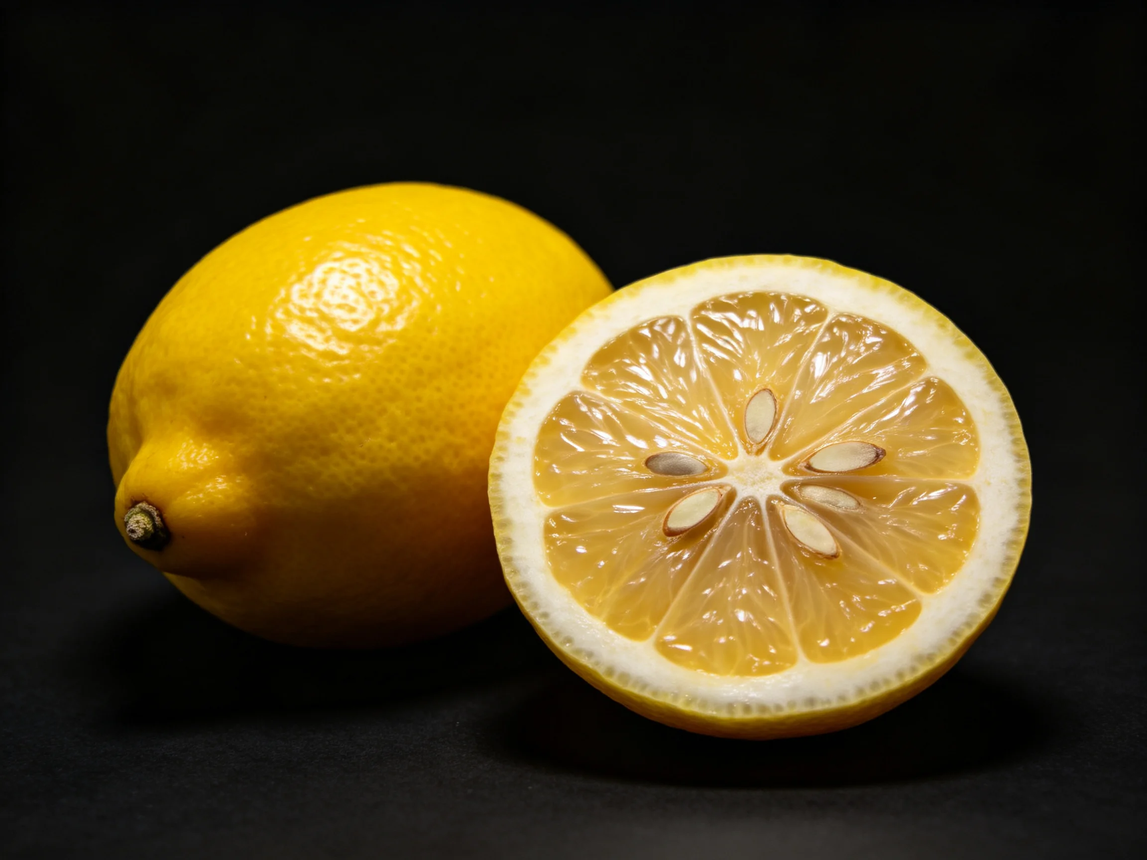 Two bright yellow lemons, one whole and one halved